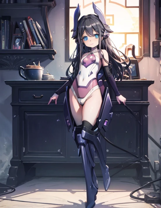 highest quality,sleep on your back in bed，Crab crotch，show me your boots，thigh high boots，leotardチラ見せ，glove，elegant, 1 girl, leotard，body suit，cute, blushed, looking at the viewer, from below, prison，blue eyes, beautiful eyes, beautiful background, particles of light, Light of the sun, dramatic lighting, outside, shiny, realistic, table top, highest quality, Super detailed, get used to it, scenery, beautiful and detailed eyes, thin hair，full body shot，