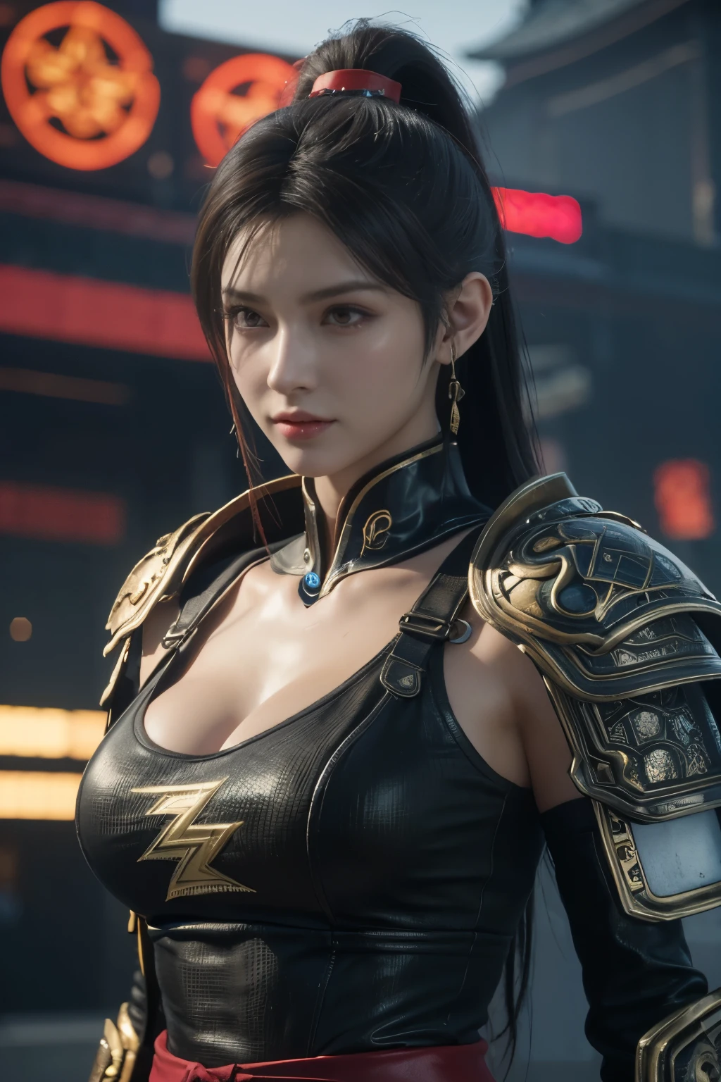 Game art，The best picture quality，Highest resolution，8K，(A bust photograph)，(Portrait)，(Head close-up)，(Rule of thirds)，Unreal Engine 5 rendering works， (The Girl of the Future)，(Female Warrior)， 22岁少女，(Female hackers)，(Rainbow hair，Ancient Oriental hairstyle)，((The pupils of the red eyes:1.3))，(A beautiful eye full of detail)，(Big breasts)，(Eye shadow)，优雅迷人，冷漠，((Anger))，(Cyberpunk jacket full of futuristic look，Joint Armor，There are exquisite Chinese patterns on the clothes，A flash of jewellery)，赛博朋克人物，未来风格， 拍照姿势，城市背景，Movie lights，Ray tracing，Game CG，((3D Unreal Engine))，oc渲染反射纹