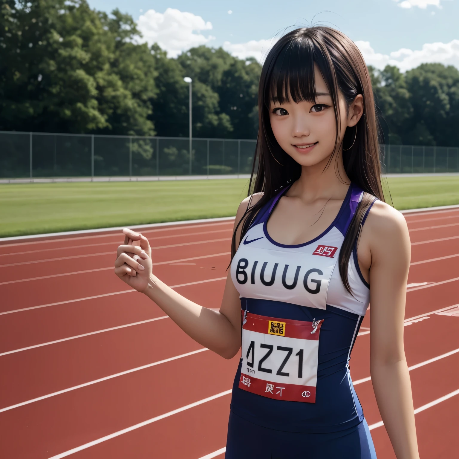 masterpiece, best quality, 1 woman, alone, adolescent, Quarter Japanese, blonde hair, long hair, purple eyes, Sideways bangs, Short bangs, laugh, medium chest, be good at sports, buruma, outdoors, track and field, smug