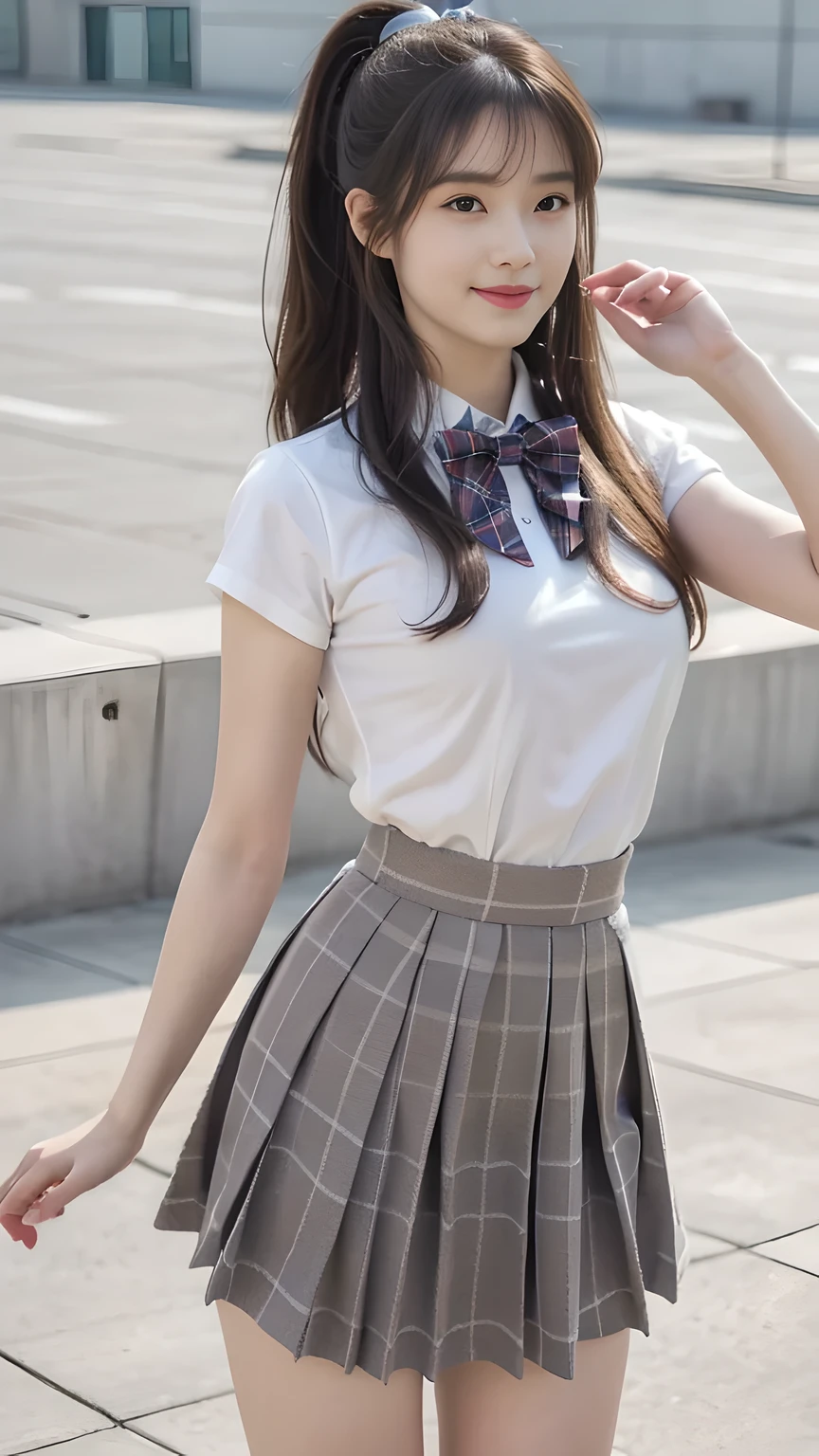 best quality, natural lighting, masterpiece, 1 girl, perfect beautiful face, (photo photo:1.3), edge lighting, photography lighting, (high detail skin:1.2), 8k ultra hd, DSLR, high quality, high resolution, white skin, detailed textured skin, 3/4 body in frame, sexy posing, cute smile face, perfect propotion face, symetric face, eye level shot, 4k, 8k, bokeh, absurd, best ratio four fingers and one thumb, (realistic:1.3), beautiful detailed girl, cute 1girl, dark-brown hair, long hair, ponytail, bangs, volume hairs, collosal-breast, full looking breast, projecting breast, slim waist, slender, small thighs, perfectly proportion, school rooftop background, detailed background, school rooftop, chain-link fence, fence, building, school, bench, white camisole, plaid bow tie, plaid skirt, thighs in frame, standing, hands behind back, projecting breast