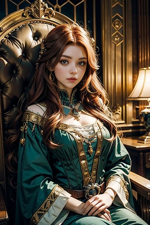 Western Model), Long red hair, beautiful green eyes, princess medieval dress, neutral face, in a medieval room (High quality),very long hair, sit in the throne of empire, Victorian style, Victorian dress