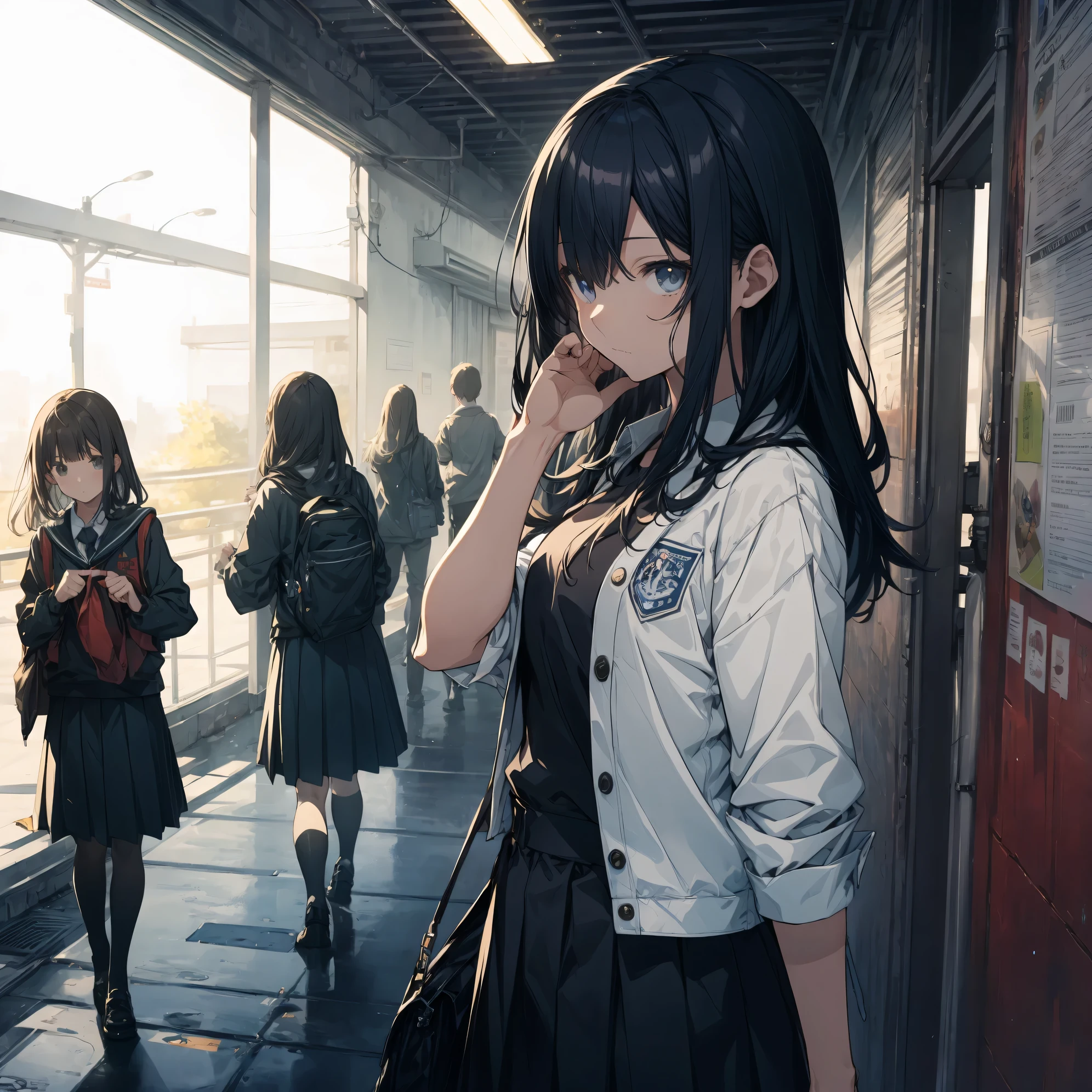 Super high quality by the art god, super detailed, High resolution, Shinkai Makoto style, anime moe art style, best anime 8K konachan wallpaper, pixiv contest winner, perfect anatomy, break,(眠そうにalone学校へ行く女の子を描いてください. ),break, surreal high school girl, (alone,lolita, , 13 years old:1.3),All limbs, full finger,, androgynous charm, (very short hair), messy hair, flat chest, , small ass, between legs, Small black eyes,hanme,beautiful and fine eyes, Well-proportioned iris and pupils, disgusted eyes, High resolutionの詳細な髪, wearing school uniform, (skirt), On the way to school. break,super dense skin, Best lighting by famous artists, 8K, figure,