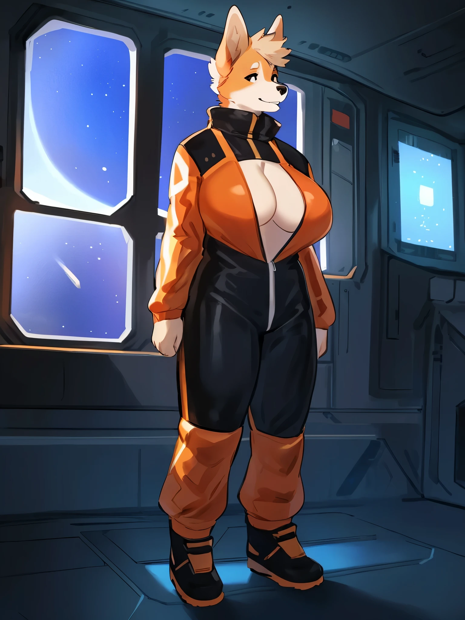 By bebebebebe, by lostgoose, by goonie-san, solo, female, canine, corgi, short, standing, standing, (tan hair), big breasts, anime spacesuit, red orange white and black spacesuit, turtleneck, cleavage spaceship, space, window