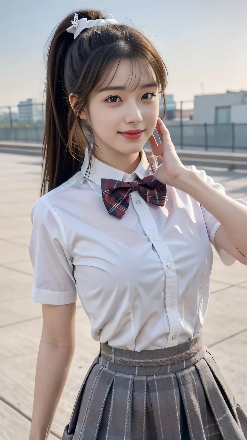 best quality, natural lighting, masterpiece, 1 girl, perfect beautiful face, (photo photo:1.3), edge lighting, photography lighting, (high detail skin:1.2), 8k ultra hd, DSLR, high quality, high resolution, white skin, detailed textured skin, 3/4 body in frame, sexy posing, cute smile face, perfect propotion face, symetric face, eye level shot, 4k, 8k, bokeh, absurd, best ratio four fingers and one thumb, (realistic:1.3), beautiful detailed girl, cute 1girl, dark-brown hair, long hair, ponytail, bangs, volume hairs, collosal-breast, full looking breast, projecting breast, slim waist, slender, small thighs, perfectly proportion, school rooftop background, detailed background, school rooftop, chain-link fence, fence, building, school, bench, whiteshirt, plaid bow tie, plaid skirt, thighs in frame, standing, hands behind back, projecting breast