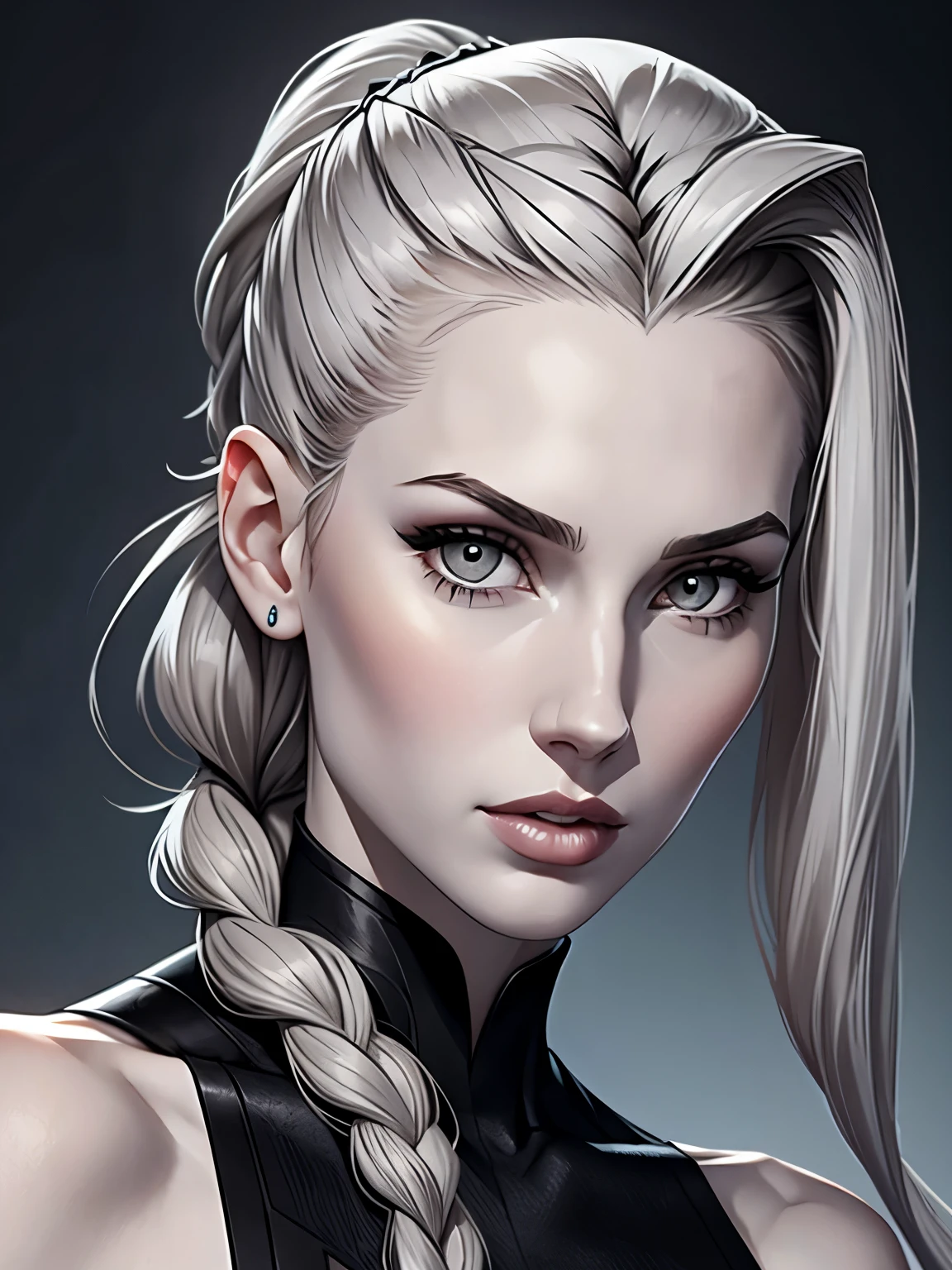 Cassandra is a tall young woman with pale skin., gray eyes and white wavy hair with gray streaks, braided into a high ponytail with many small braids. Two strands of hair and asymmetrical bangs go down the sides of the face