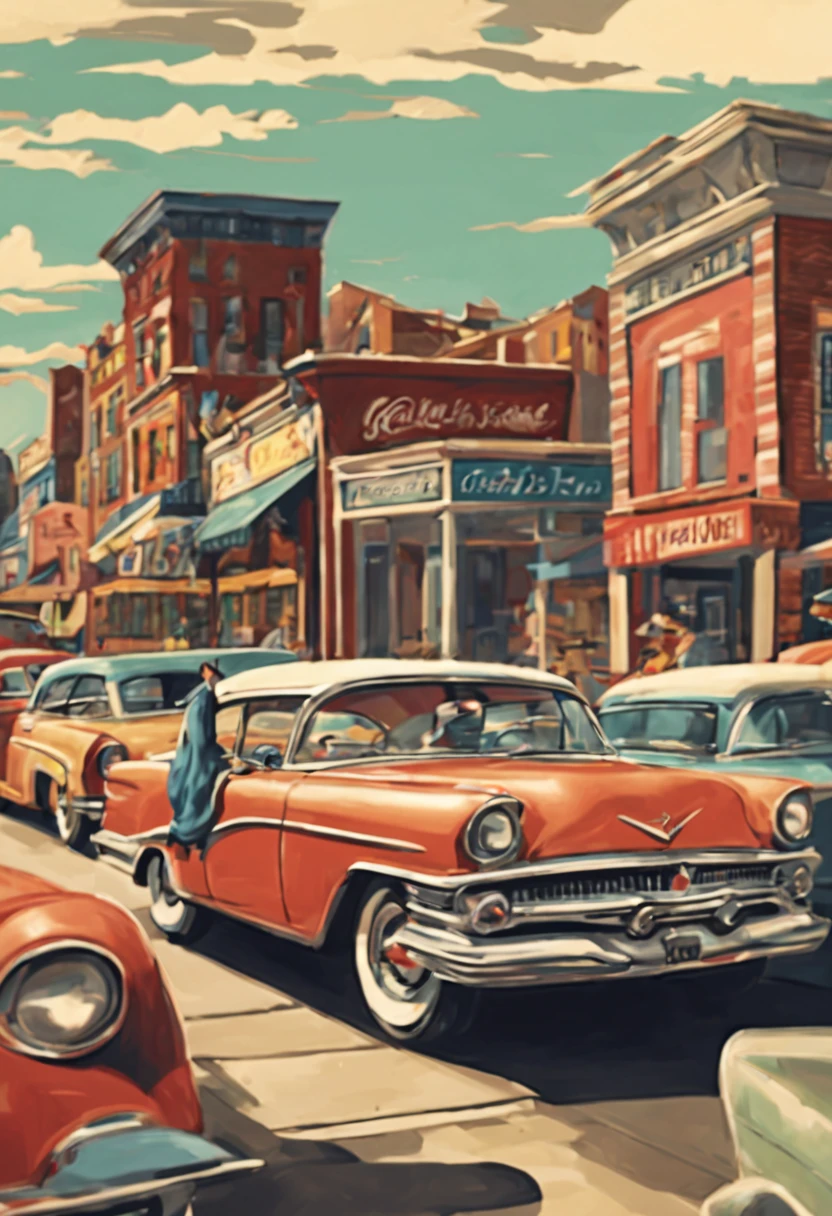 American old time, 1950s, youth, town, city, retrospective style, illustration, 4K image.