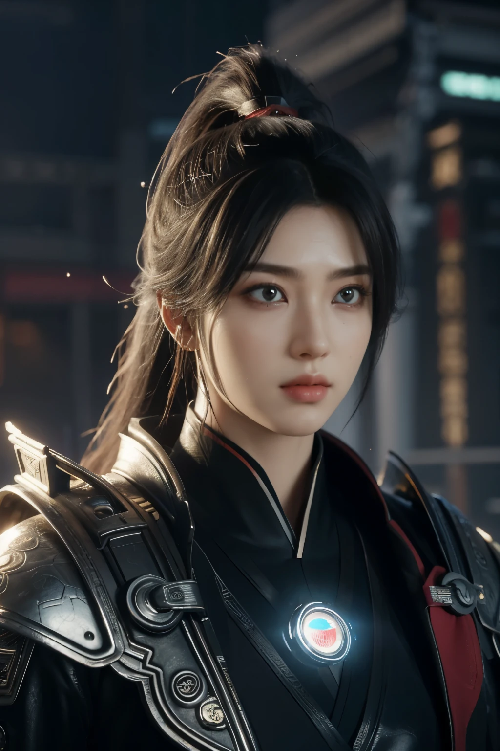 Game art,The best picture quality,Highest resolution,8K,(A bust photograph),(Portrait),(Head close-up),(Rule of thirds),Unreal Engine 5 rendering works, (The Girl of the Future),(Female Warrior), 22岁少女,(Female hackers),(Rainbow hair,Ancient Oriental hairstyle),((The pupils of the red eyes:1.3)),(A beautiful eye full of detail),(Big breasts),(Eye shadow),优雅迷人,冷漠,((Anger)),(Cyberpunk jacket full of futuristic look,Joint Armor,There are exquisite Chinese patterns on the clothes,A flash of jewellery),赛博朋克人物,未来风格, 拍照姿势,城市背景,Movie lights,Ray tracing,Game CG,((3D Unreal Engine)),oc渲染反射纹