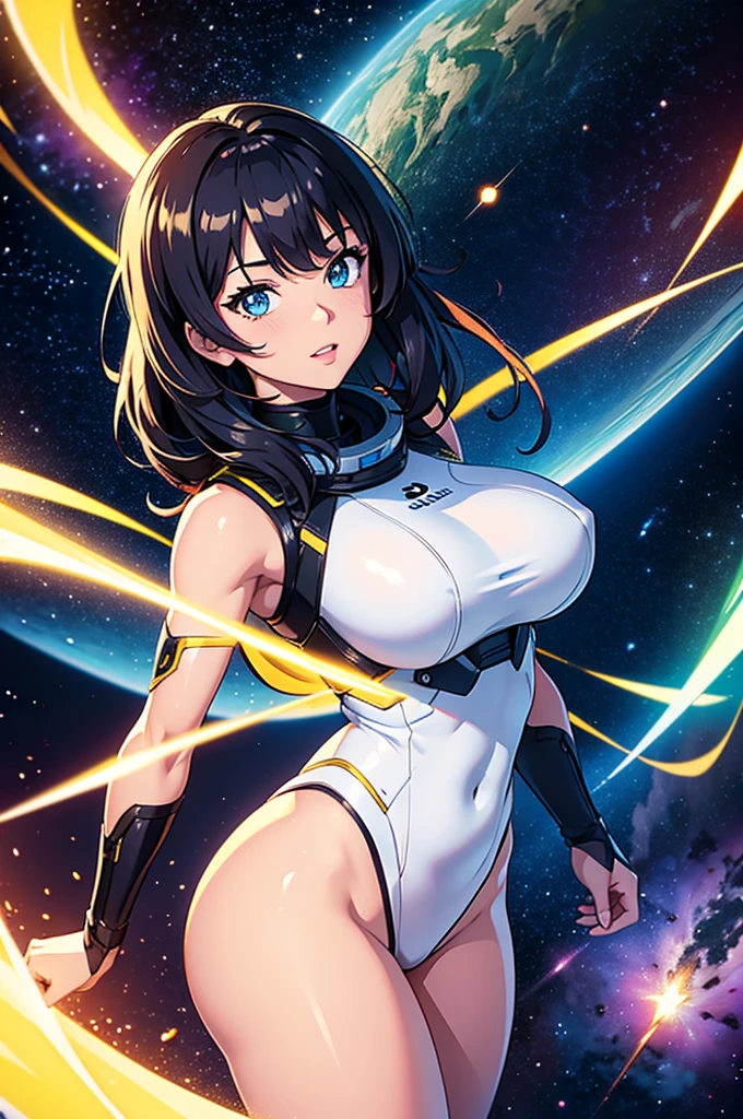 (best quality,4k,8k,highres,masterpiece:1.2),ultra-detailed,anime girl fantasy,sci-fi,space suit,big,front view,solo photo,thick hair,thick thighs,standing,thick legs,colorful,powerful lighting,deeper shadows,sharp focus,detailed facial features,sparkling eyes,stylish outfit,vibrant colors,background with celestial elements.