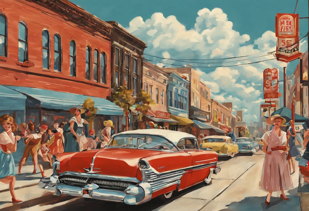 American old time, 1950s, youth, town, city, retrospective style, illustration, 4K image.