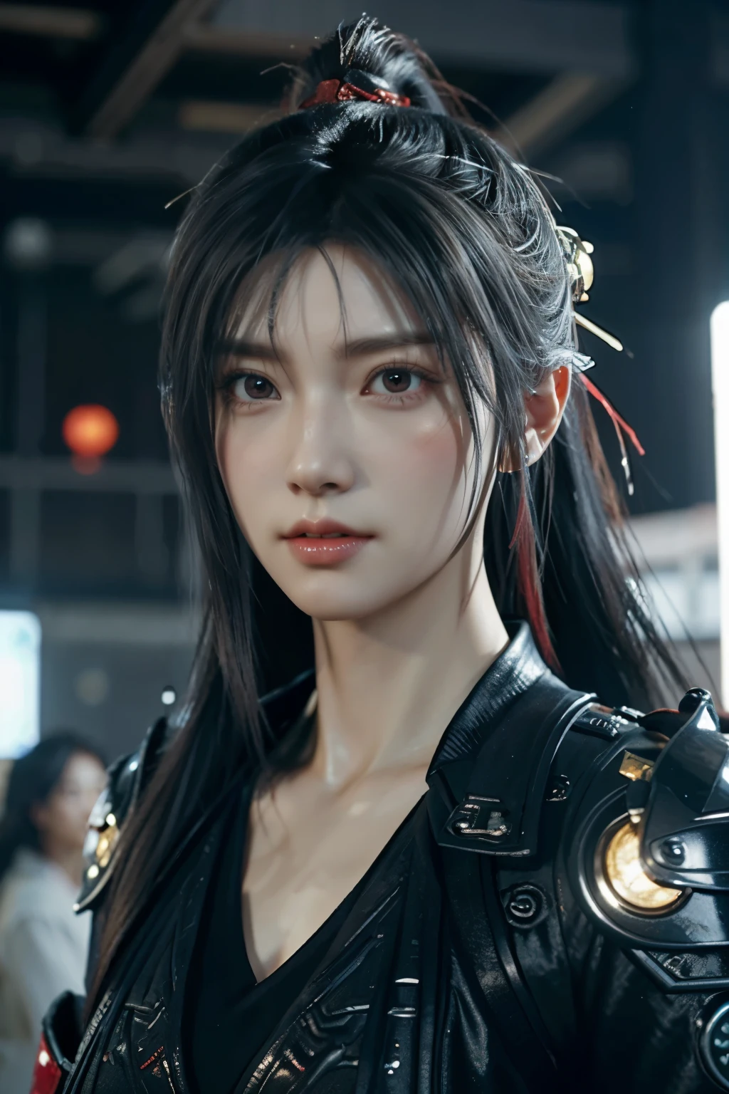 Game art,The best picture quality,Highest resolution,8K,(A bust photograph),(Portrait),(Head close-up),(Rule of thirds),Unreal Engine 5 rendering works, (The Girl of the Future),(Female Warrior), 22岁少女,(Female hackers),(Rainbow hair,Ancient Oriental hairstyle),((The pupils of the red eyes:1.3)),(A beautiful eye full of detail),(Big breasts),(Eye shadow),优雅迷人,冷漠,((Anger)),(Cyberpunk jacket full of futuristic look,Joint Armor,There are exquisite Chinese patterns on the clothes,A flash of jewellery),赛博朋克人物,未来风格, 拍照姿势,城市背景,Movie lights,Ray tracing,Game CG,((3D Unreal Engine)),oc渲染反射纹