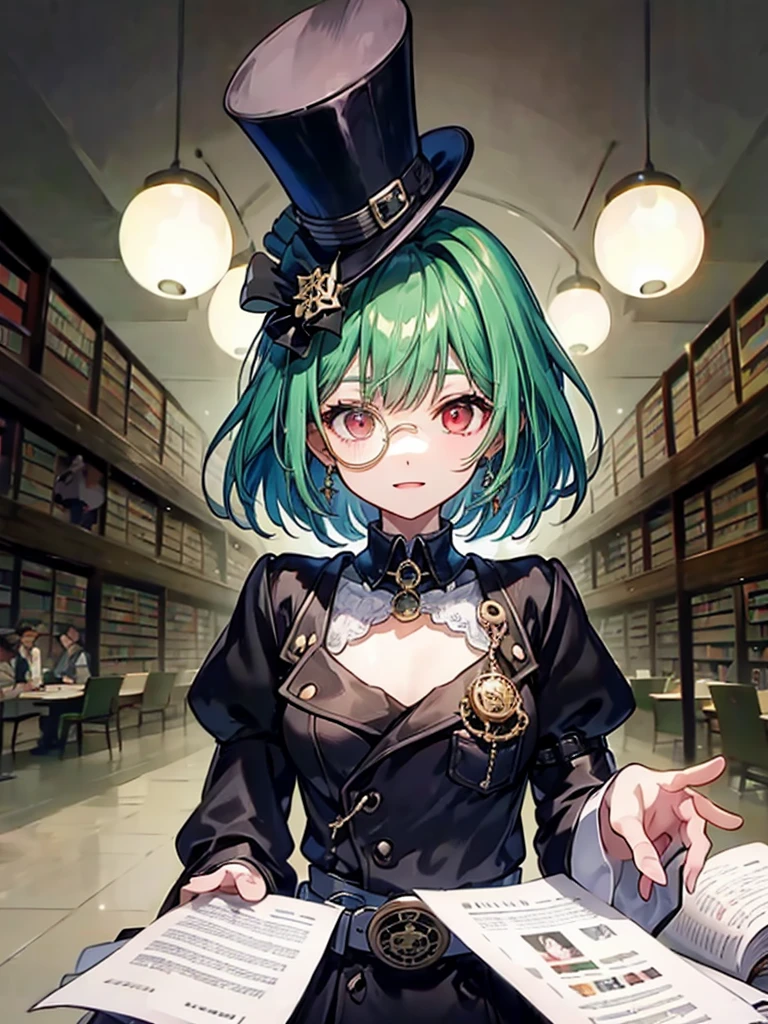 (((masterpiece、Highest image quality、highest quality、highly detailed unity 8kwallpaper)))、((Illustration of one girl、upper body))、(((beautiful girl)))、(librarian)、(Emerald green hair、messy hair、sidelocks:1.2、red eyes、crazy smile)、(((flat chest)))、(((monocle)))、pocket watch、(((Black top hat、Black tuxedo、belt)))、great medieval library、Large amount of books