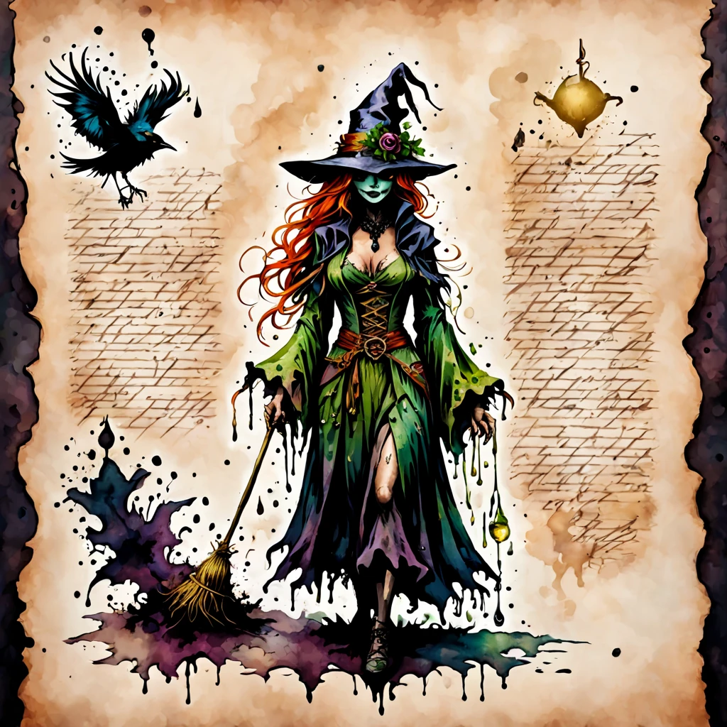 Poison Ivy dressed as a Alchemist with a straw hat and a straw lined robe with a long ragged skirt and a plague-crow-mask, background diseased lands, ink style, ink stains