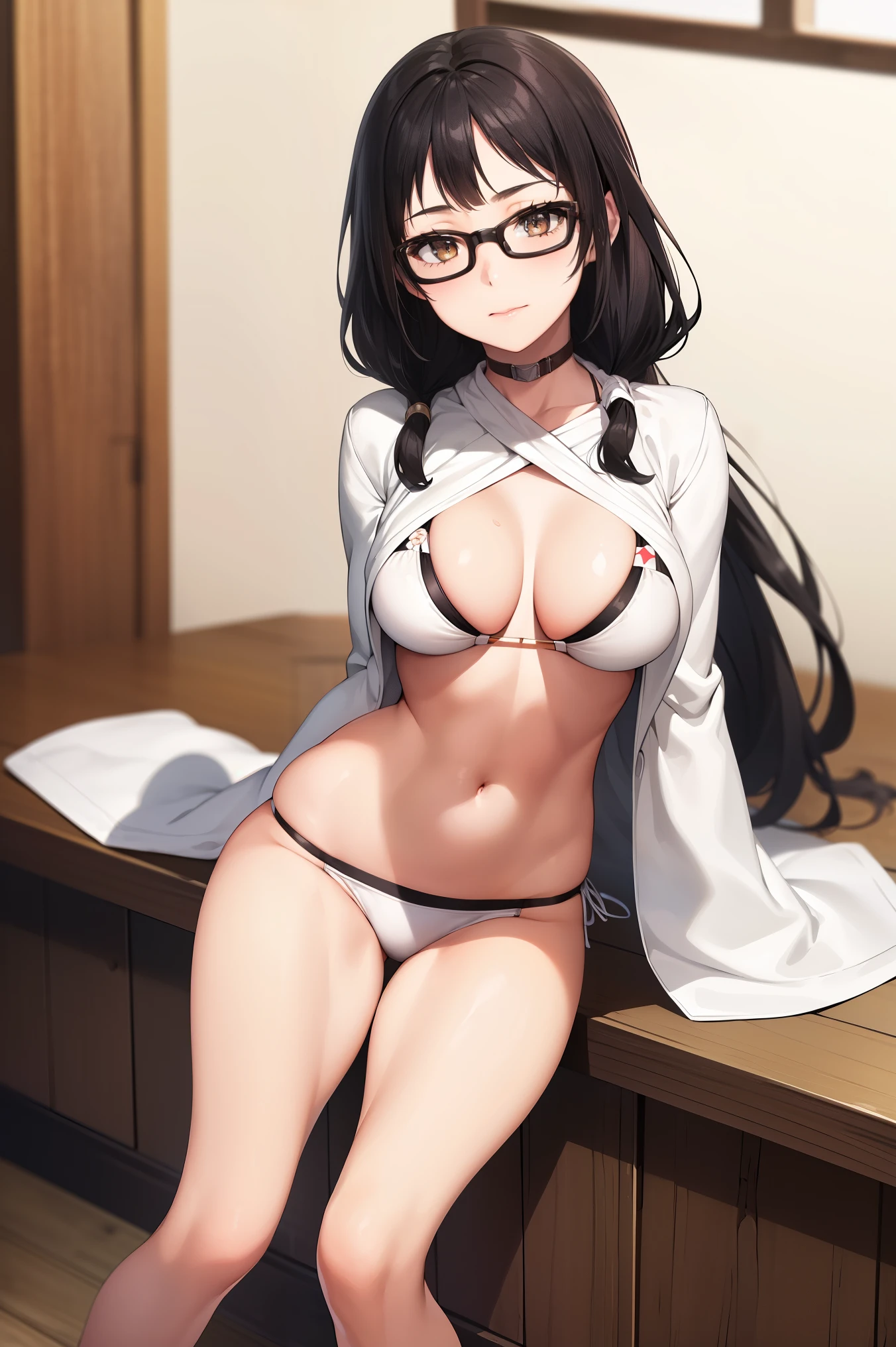 Simple White Background,
beige bikini, new style bikini, white rose print,japanese clothes,wide sleeves,long sleeves,
black eyes, black hair,bangs,Long_hair,
,1 girl, 17yo,Young female,Beautiful long legs,Beautiful body, full body, glasses,
Beautiful Nose,Beautiful character design, perfect eyes, perfect face,expressive eyes,perfect balance,
looking at viewer,(Focus on her face),closed mouth, (innocent_big_eyes:1.0),(Light_Smile:0.3),
official art,extremely detailed CG unity 8k wallpaper, perfect lighting,Colorful, Bright_Front_face_Lighting,White skin,
(masterpiece:1.0),(best_quality:1.0), ultra high res,4K,ultra-detailed,
photography, 8K, HDR, highres, absurdres:1.2, Kodak portra 400, film grain, blurry background, bokeh:1.2, lens flare, (vibrant_color:1.2),professional photograph,
(Beautiful,large_Breasts:1.4), (beautiful_face:1.5),(narrow_waist),