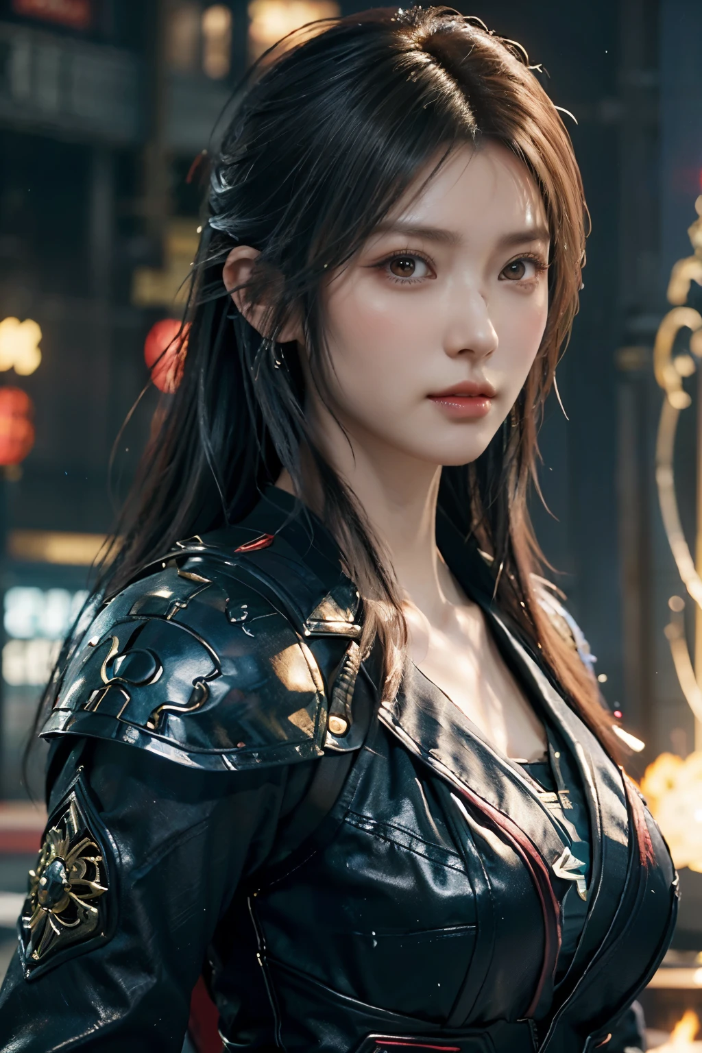 Game art，The best picture quality，Highest resolution，8K，(A bust photograph)，(Portrait)，(Head close-up)，(Rule of thirds)，Unreal Engine 5 rendering works， (The Girl of the Future)，(Female Warrior)， 22岁少女，(Female hackers)，(Rainbow hair，Ancient Oriental hairstyle)，((The pupils of the red eyes:1.3))，(A beautiful eye full of detail)，(Big breasts)，(Eye shadow)，优雅迷人，冷漠，((Anger))，(Cyberpunk jacket full of futuristic look，Joint Armor，There are exquisite Chinese patterns on the clothes，A flash of jewellery)，赛博朋克人物，未来风格， 拍照姿势，城市背景，Movie lights，Ray tracing，Game CG，((3D Unreal Engine))，oc渲染反射纹