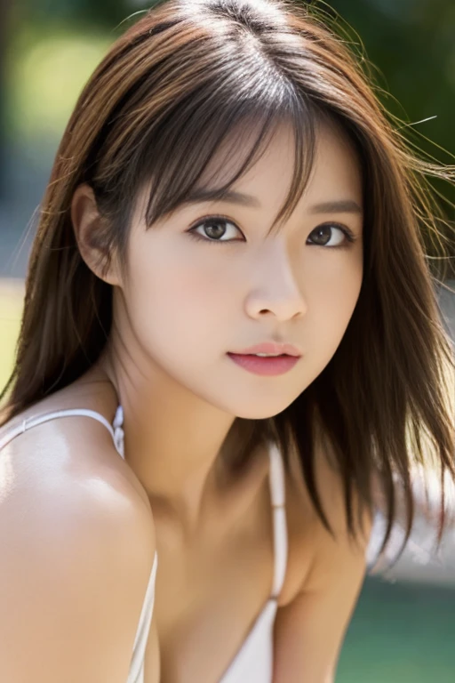 woman、４０age 、round face、double、,(RAW photo, highest quality), (realistic, Photoreal:1.4), table top, very delicate and beautiful, very detailed, 2k wallpaper, wonderful, finely, very detailed CG Unity 8K 壁紙, Super detailed, High resolution, soft light, beautiful detailed girl, very detailed目と顔, beautifully detailed nose, beautiful and detailed eyes, summer sunshine, beautiful lights of the city at night, perfect anatomy, Plump body, Very big cute eyes、Drooping eyes、big breasts、Small swimsuit、bikini、embarrassing