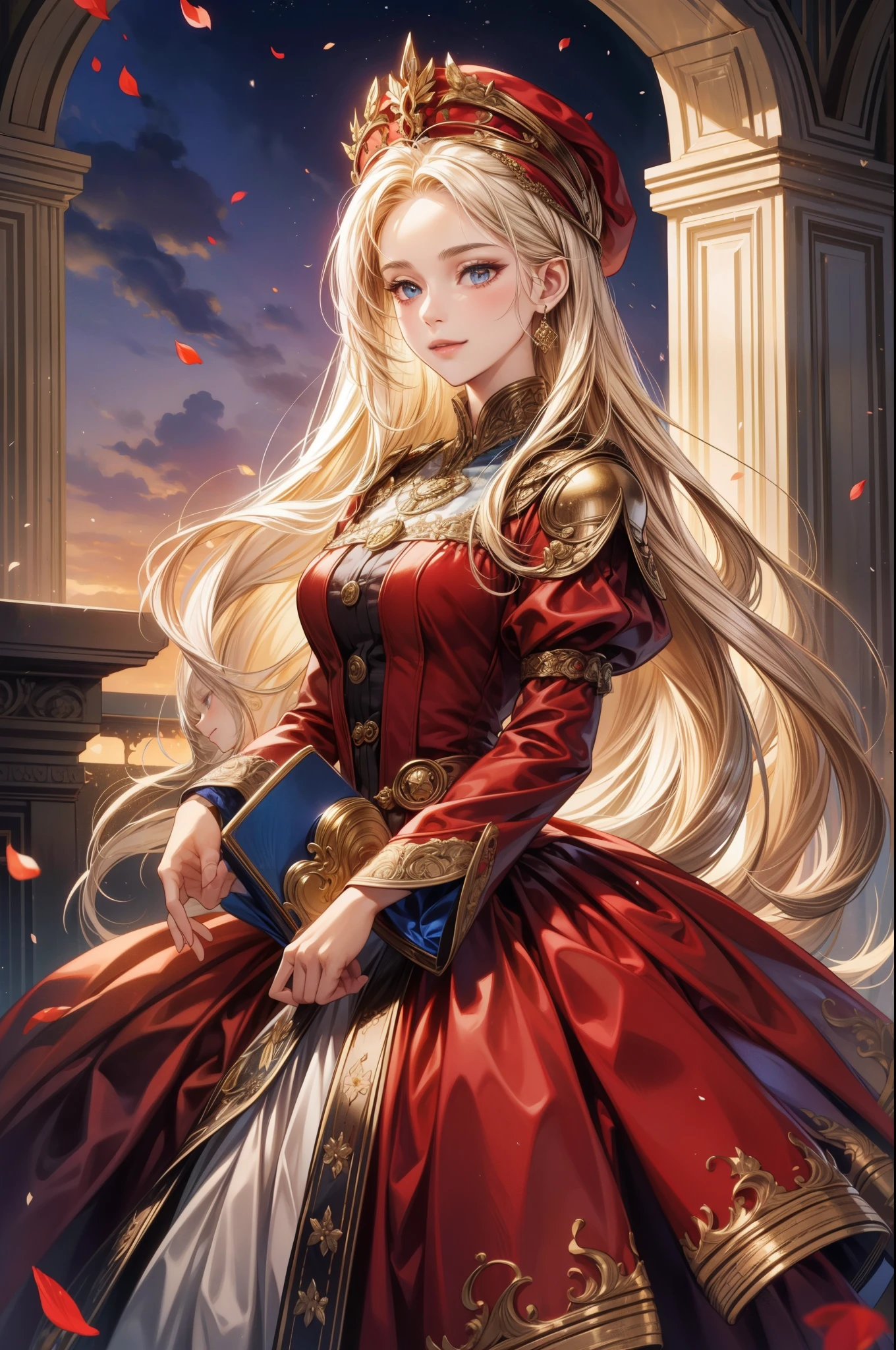 (best quality,masterpiece:1.4,8k),1 beautiful detailed girl,extremely detailed eyes and face,beautiful detailed eyes,medieval European style intricate luxurious red dress,medieval European style luxurious dress hat,luxurious accessories,elegant smile,nighttime scene depicting a princess standing on a castle balcony with flowing hair and dress,highlighting her noble temperament,cinematic lighting,textured skin,super-detailed,high-detail, high-quality, high-resolution,looking at the audience,flower petals fluttering.