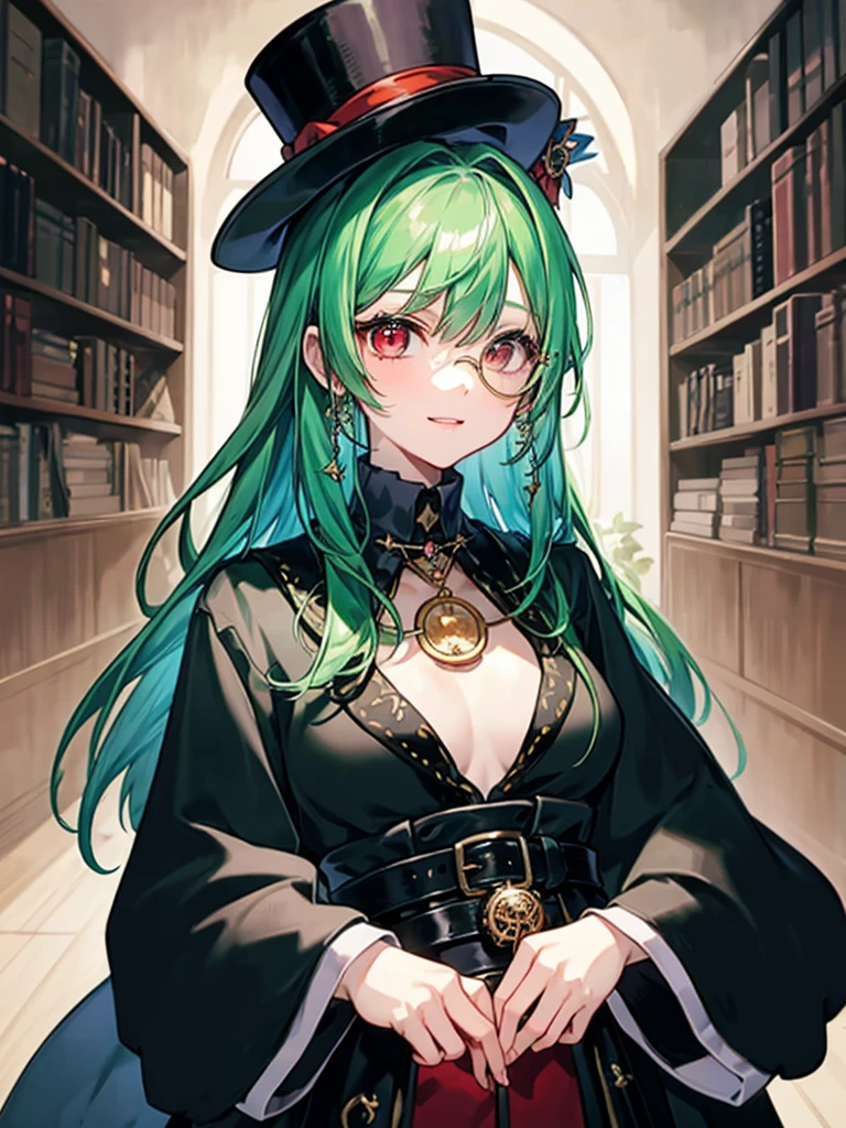 (((masterpiece、Highest image quality、highest quality、highly detailed unity 8kwallpaper)))、((Illustration of one girl、upper body))、(((beautiful girl)))、(librarian)、(Emerald green hair、messy hair、sidelocks:1.2、red eyes、crazy smile)、(((flat chest)))、(((monocle)))、pocket watch、(((Black top hat、Black tuxedo、belt)))、great medieval library、Large amount of books