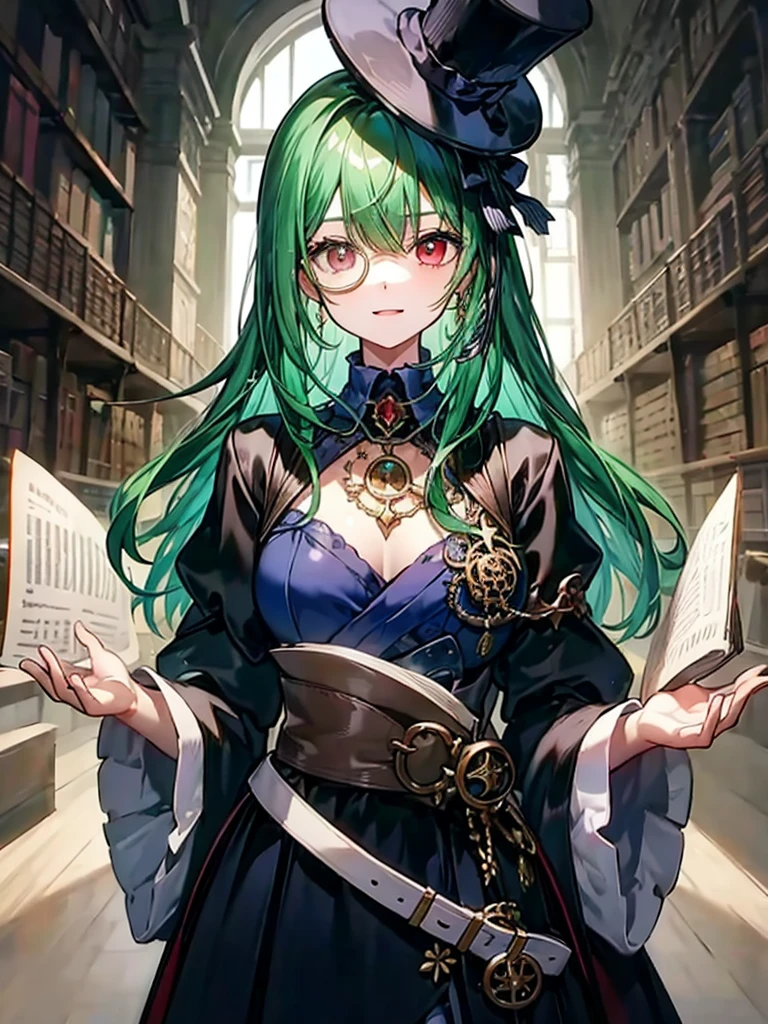 （（（masterpiece、Highest image quality、highest quality、highly detailed unity 8ｋwallpaper）））、（（Illustration of one girl、upper body））、（（（beautiful girl）））、（librarian）、（Emerald green hair、messy hair、sidelocks：1.2、red eyes、crazy smile）、（（（flat chest）））、（（（monocle）））、pocket watch、（（（Black top hat、Black tuxedo、belt）））、great medieval library、Large amount of books