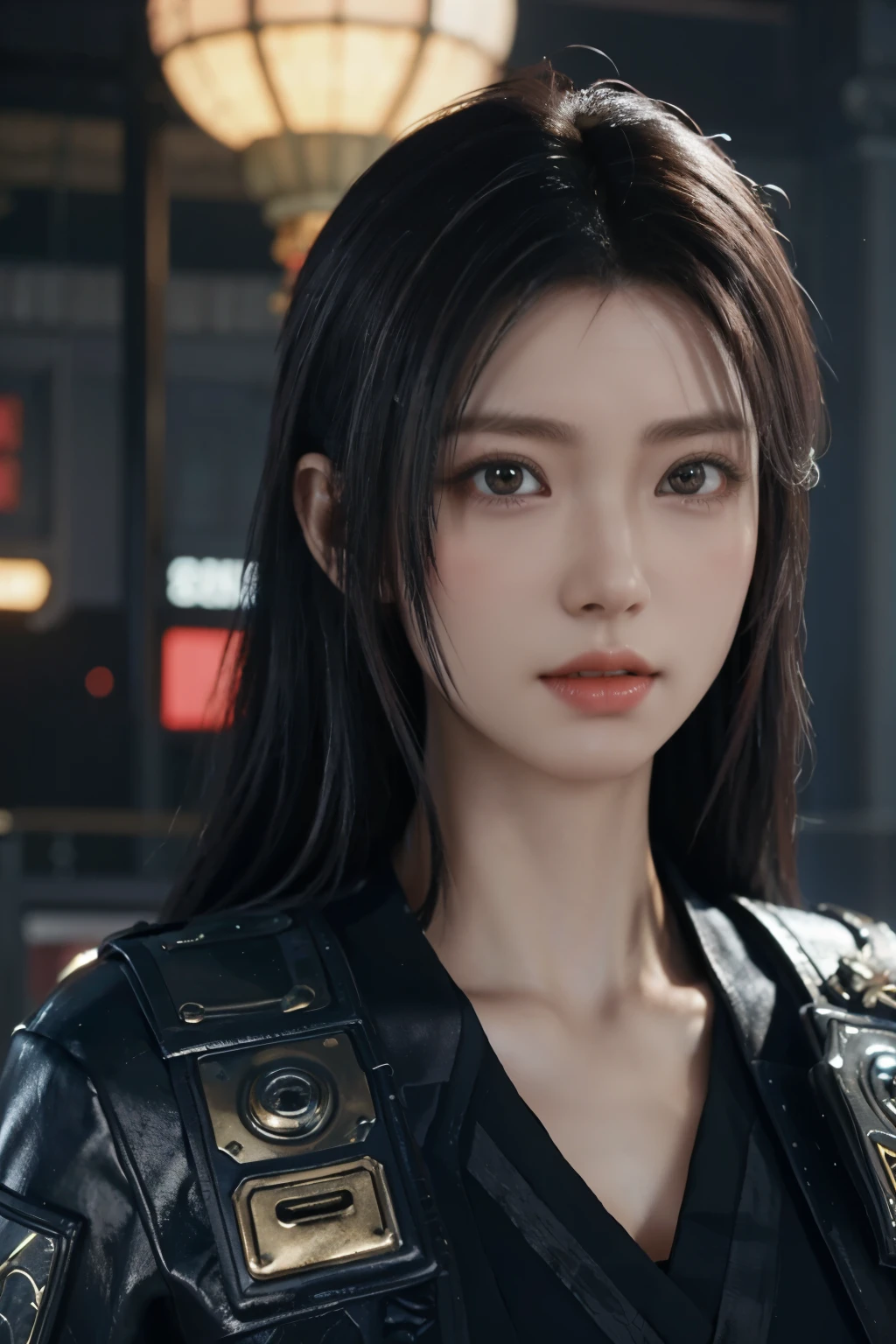 Game art,The best picture quality,Highest resolution,8K,(A bust photograph),(Portrait),(Head close-up),(Rule of thirds),Unreal Engine 5 rendering works, (The Girl of the Future),(Female Warrior), 22岁少女,(Female hackers),(Rainbow hair,Ancient Oriental hairstyle),((The pupils of the red eyes:1.3)),(A beautiful eye full of detail),(Big breasts),(Eye shadow),优雅迷人,冷漠,((Anger)),(Cyberpunk jacket full of futuristic look,Joint Armor,There are exquisite Chinese patterns on the clothes,A flash of jewellery),赛博朋克人物,未来风格, 拍照姿势,城市背景,Movie lights,Ray tracing,Game CG,((3D Unreal Engine)),oc渲染反射纹