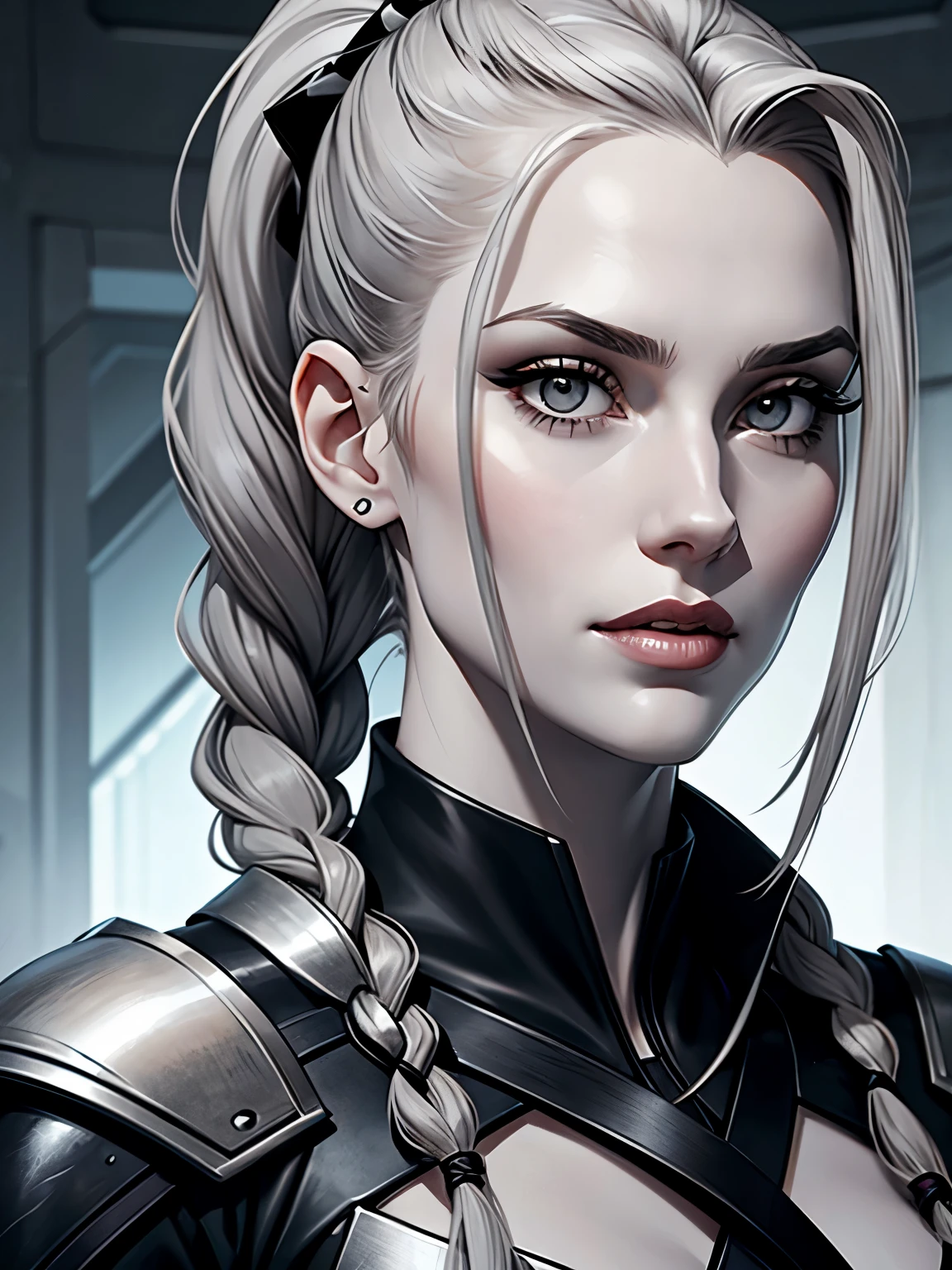 Cassandra is a tall young woman with pale skin., gray eyes and white wavy hair with gray streaks, braided into a high ponytail with many small braids. Two strands of hair and asymmetrical bangs go down the sides of the face