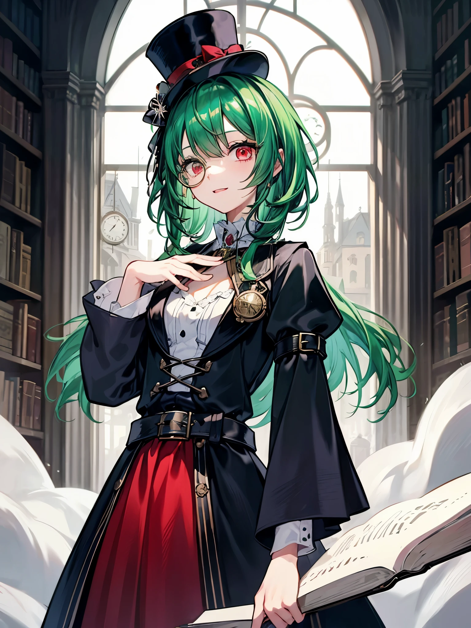 （（（masterpiece、Highest image quality、highest quality、highly detailed unity 8ｋwallpaper）））、（（Illustration of one girl、upper body））、（（（beautiful girl）））、（librarian）、（Emerald green hair、messy hair、sidelocks：1.2、red eyes、crazy smile）、（（（flat chest）））、（（（monocle）））、pocket watch、（（（Black top hat、Black tuxedo、belt）））、great medieval library、Large amount of books