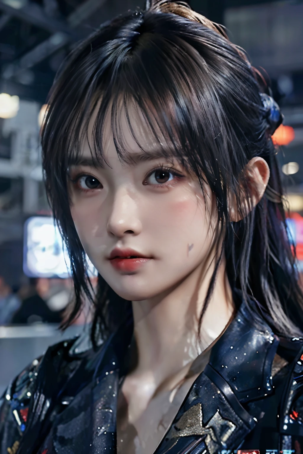 Game art,The best picture quality,Highest resolution,8K,(A bust photograph),(Portrait),(Head close-up),(Rule of thirds),Unreal Engine 5 rendering works, (The Girl of the Future),(Female Warrior), 22岁少女,(Female hackers),(Rainbow hair,Ancient Oriental hairstyle),((The pupils of the red eyes:1.3)),(A beautiful eye full of detail),(Big breasts),(Eye shadow),优雅迷人,冷漠,((Anger)),(Cyberpunk jacket full of futuristic look,Joint Armor,There are exquisite Chinese patterns on the clothes,A flash of jewellery),赛博朋克人物,未来风格, 拍照姿势,城市背景,Movie lights,Ray tracing,Game CG,((3D Unreal Engine)),oc渲染反射纹