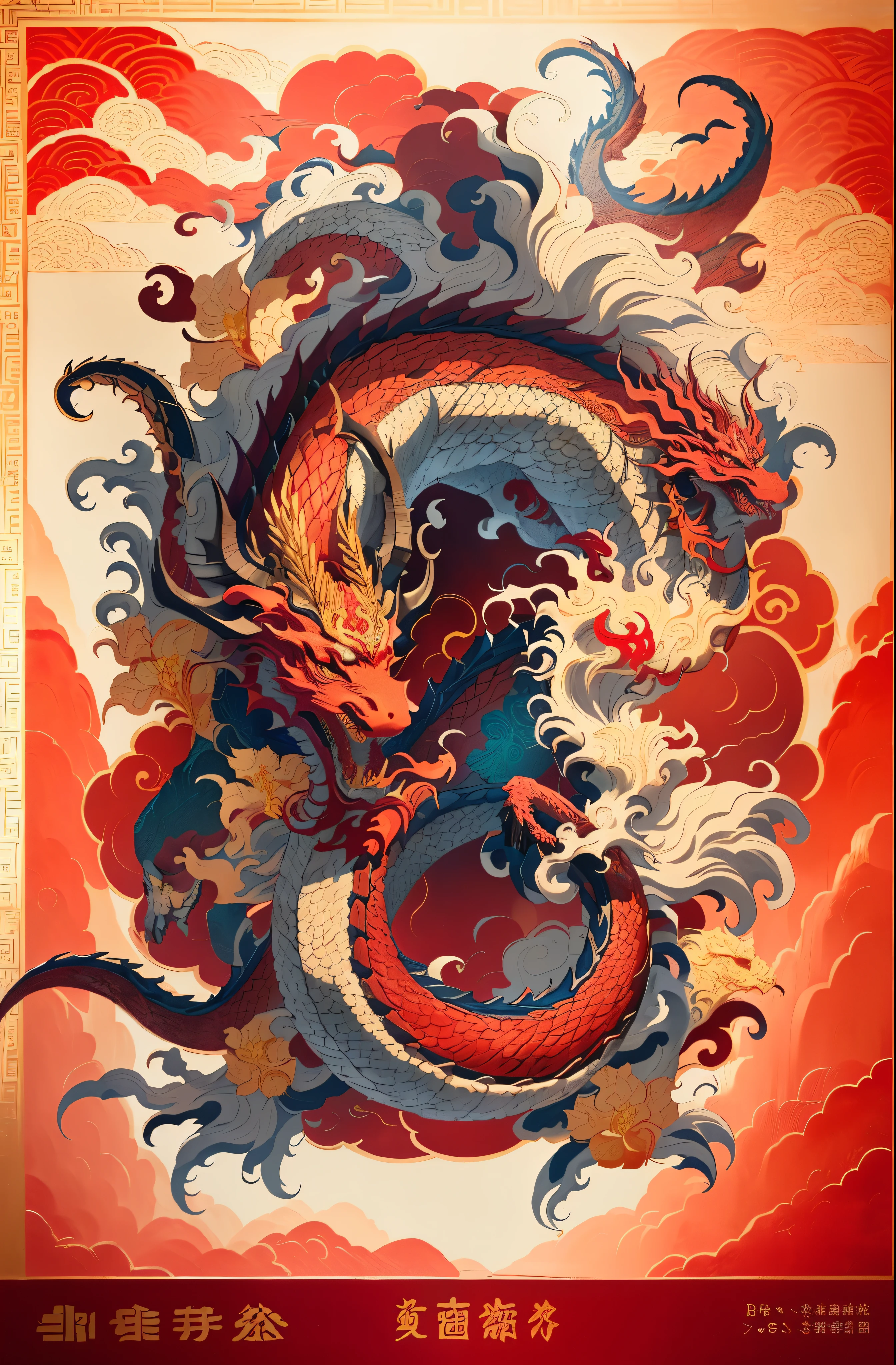a Red Dragon with a dragon head and flowers on a colorful background,flames on background, 雄伟的Chinese dragon, Color illustration for tattoo, CNY,Red Dragon, Japanese art style, Eastern Agent, 歌川芳泷of inspiration, 歌川博荣of inspiration, Lower left arm and back, Yoshiya Utagawa'of inspiration, Chinese dragon, tattoo design, a Red Dragon,(Chinese dragon年海报),Mountain and Sea Sutra,big dragon,Complete claws,Chinese style,Colorful auspicious clouds,CNY,red tint,outstanding,luxurious,Celebrating the Year of the Dragon,HASSELBLAD CAMERA, Surrealism, intricate details, ultra high definition,,masterpiece,8k,high detail,clear facial features