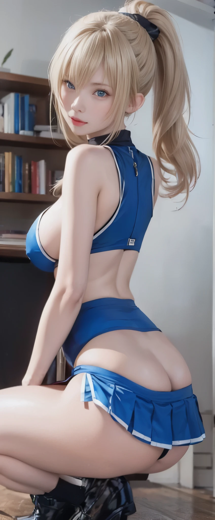 photorealistic、master piece、1 girl、23 years old、beautiful face、(Cheergirl costumes、No sleeve、blue mini skirt、raise one leg)、(long blonde hair、high ponytail)、big breasts、beautiful thighs、beautiful butt、panty shot
