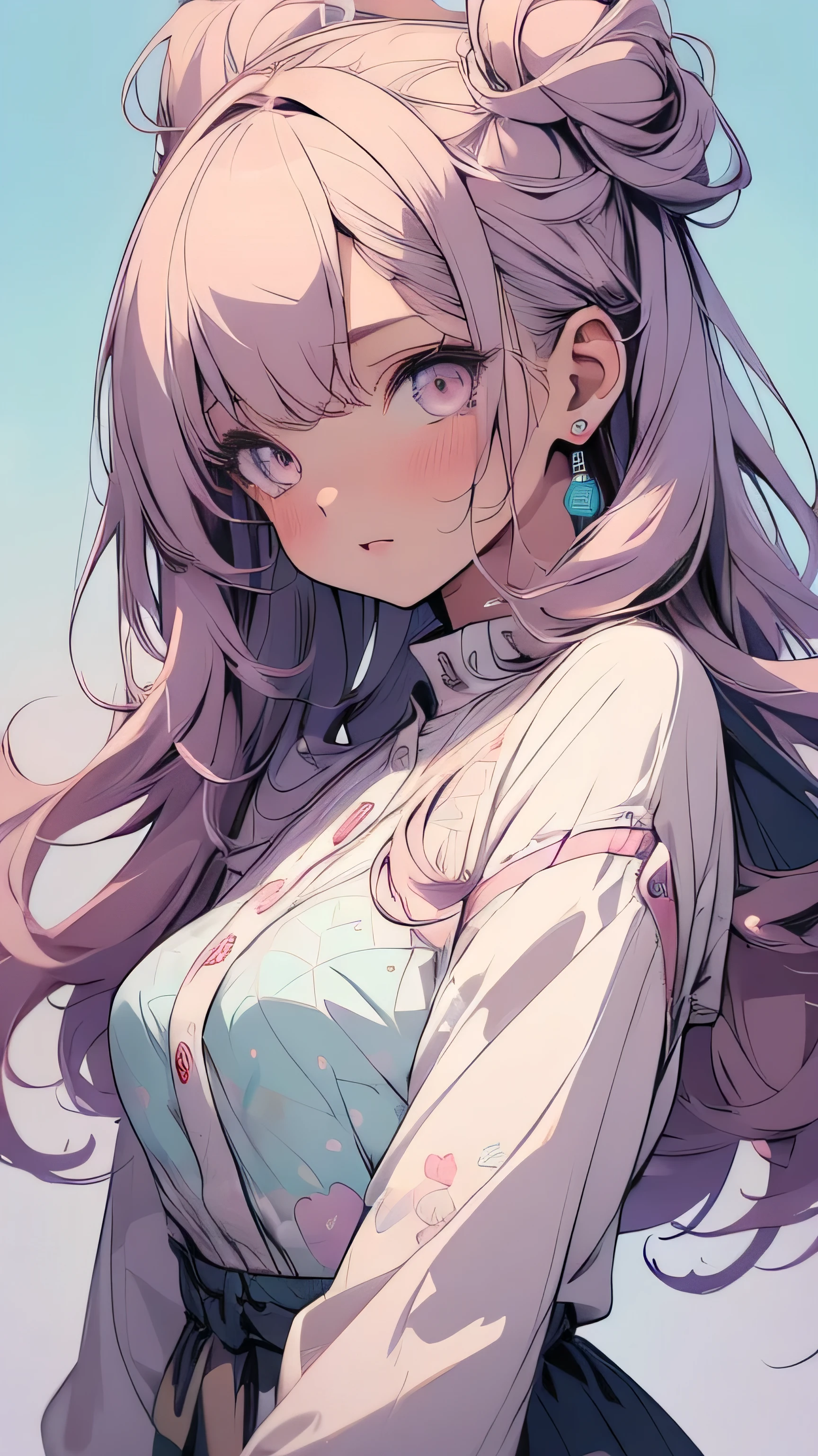 1girl:1.3, (pastel color line art:1.3), cute woman, kawaii woman, cute, kawaii, (masterpiece), best quality, very detailed, expressive eyes, cocked hip, bokeh, blurry background, retro art pose, pop art pose, absurdres, highres, ultra detailed