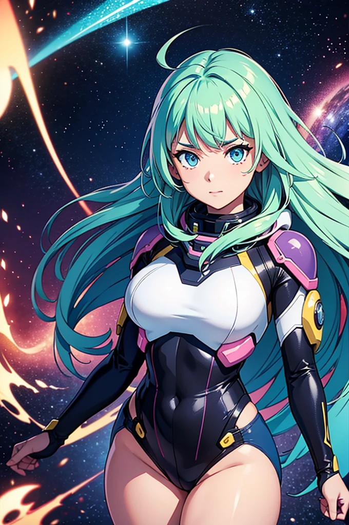 (best quality,4k,8k,highres,masterpiece:1.2),ultra-detailed,anime girl fantasy,sci-fi,space suit,big,front view,solo photo,thick hair,thick thighs,standing,thick legs,colorful,powerful lighting,deeper shadows,sharp focus,detailed facial features,sparkling eyes,stylish outfit,vibrant colors,background with celestial elements.