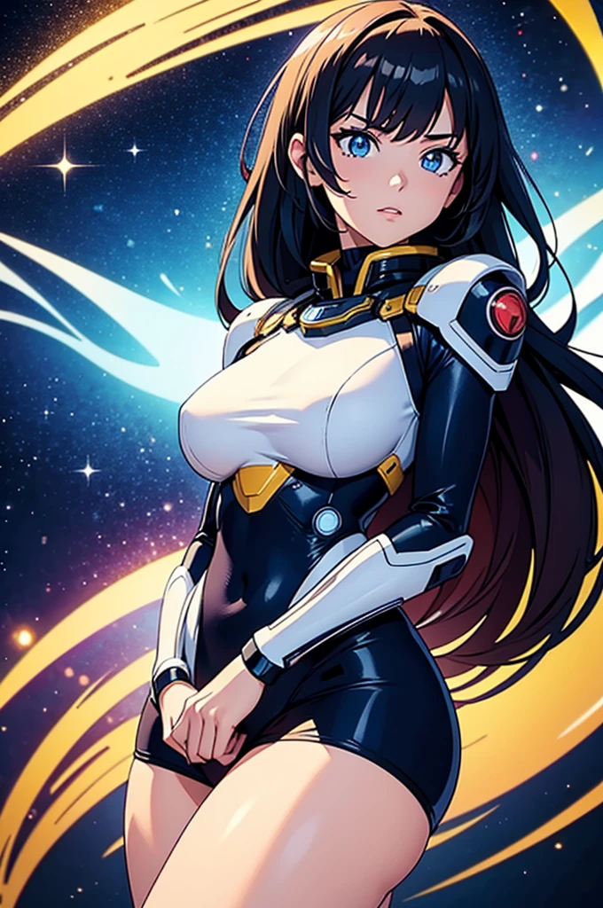 (best quality,4k,8k,highres,masterpiece:1.2),ultra-detailed,anime girl fantasy,sci-fi,space suit,big,front view,solo photo,thick hair,thick thighs,standing,thick legs,colorful,powerful lighting,deeper shadows,sharp focus,detailed facial features,sparkling eyes,stylish outfit,vibrant colors,background with celestial elements.