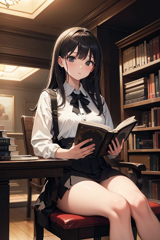 Masterpiece, realistic, a girl sitting in an old library with long black hair and sparkling eyes