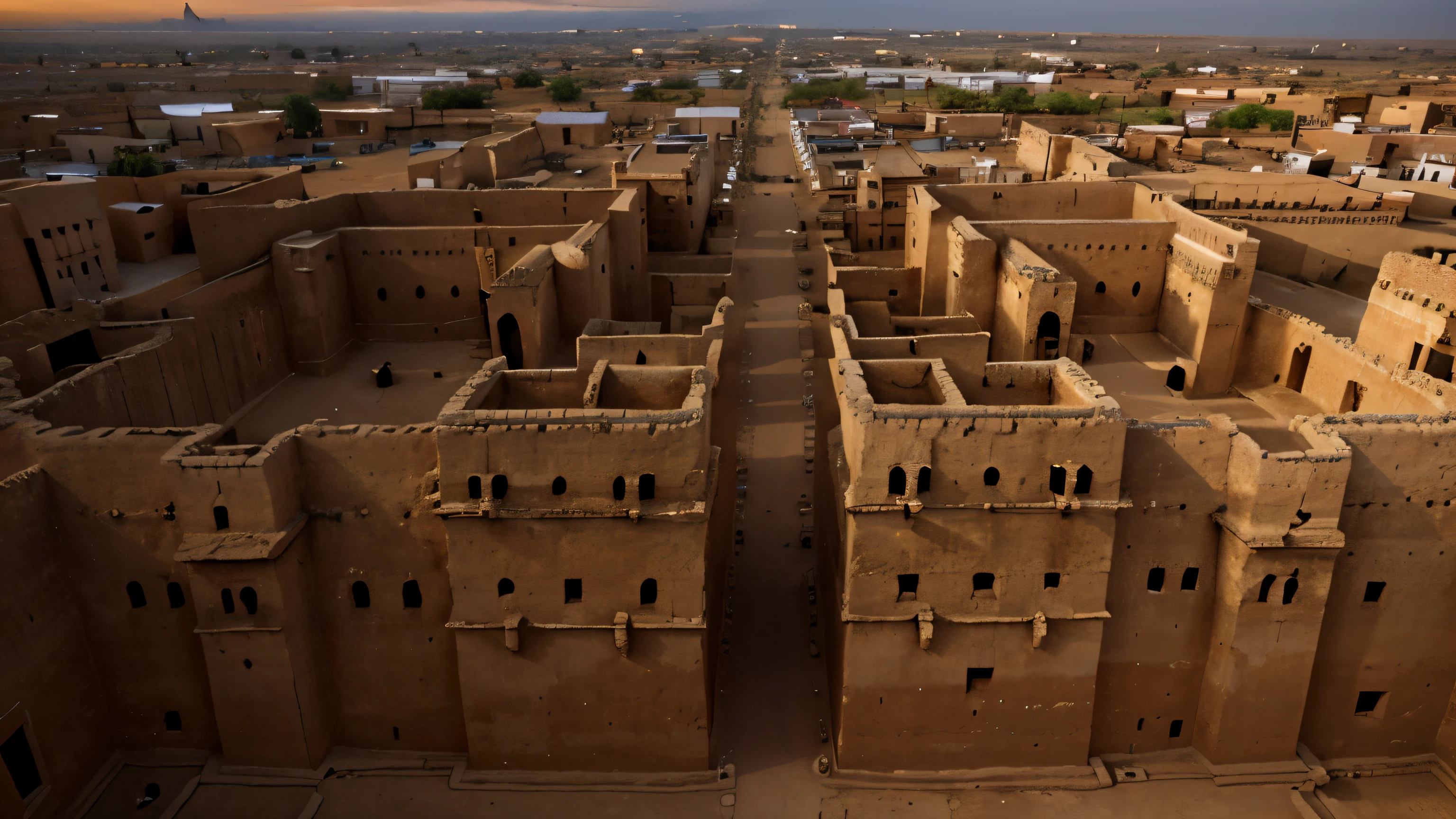 Aerial view of Huge walls surrounding an ancient African city made from clay, Nigeria, Kano Emirate, Badala walls, Kofar Dan Agundi, Gold Hour, Sunset, 4k, High res, Movie Opener, Preamble