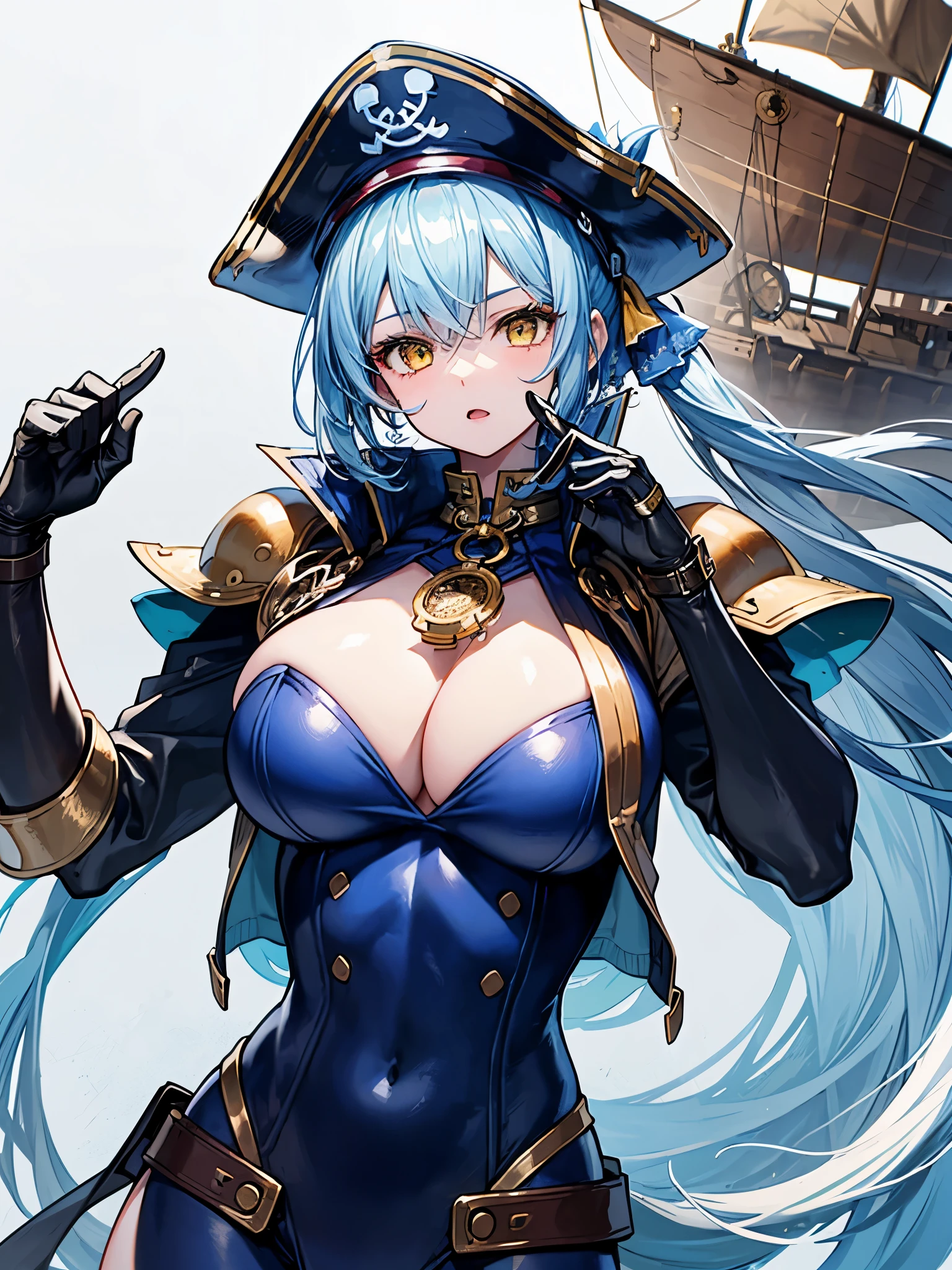 (((masterpiece、Highest image quality、highest quality、highly detailed unity 8kwallpaper)))、((Illustration of one girl、upper body))、(((beautiful girl)))、(female pirate)、(Light light blue hair、short ponytail:1.2、yellow eyes)、(((Right hand is a prosthetic hand、steampunk prosthetic arm)))、((tall))、bulky figure, massive frame, thick neck, sturdy arms, powerful legs、(captain's suit、Pirate hat、Blue coat)、pier