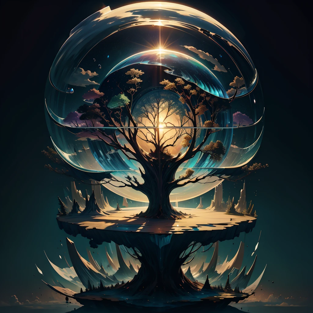 A masterpiece of glass sculpture,aurora,sun,world tree,grand,huge,Billions of years,fantasy, high quality, high detail, best quality,