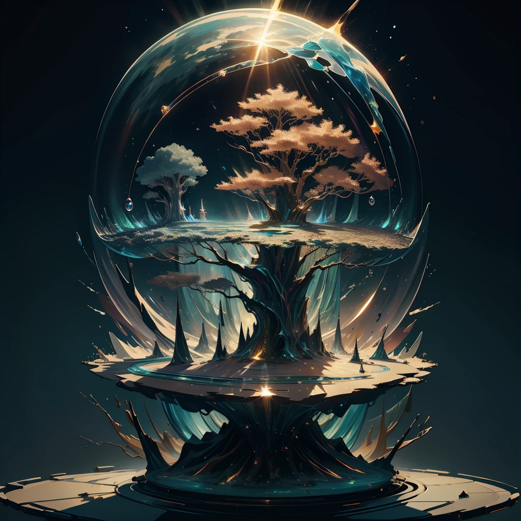 A masterpiece of glass sculpture,aurora,sun,world tree,grand,huge,Billions of years,fantasy, high quality, high detail, best quality,