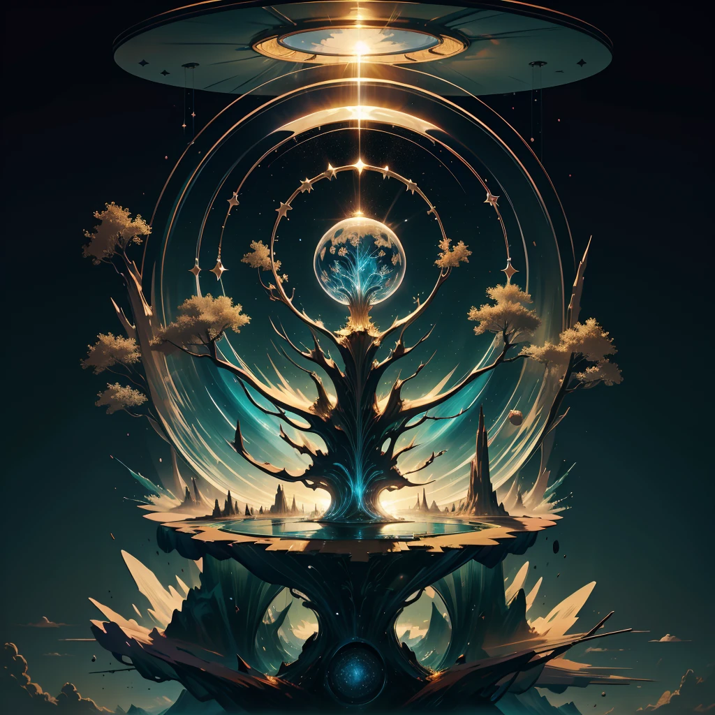 A masterpiece of glass sculpture,aurora,sun,world tree,grand,huge,Billions of years,fantasy, high quality, high detail, best quality,