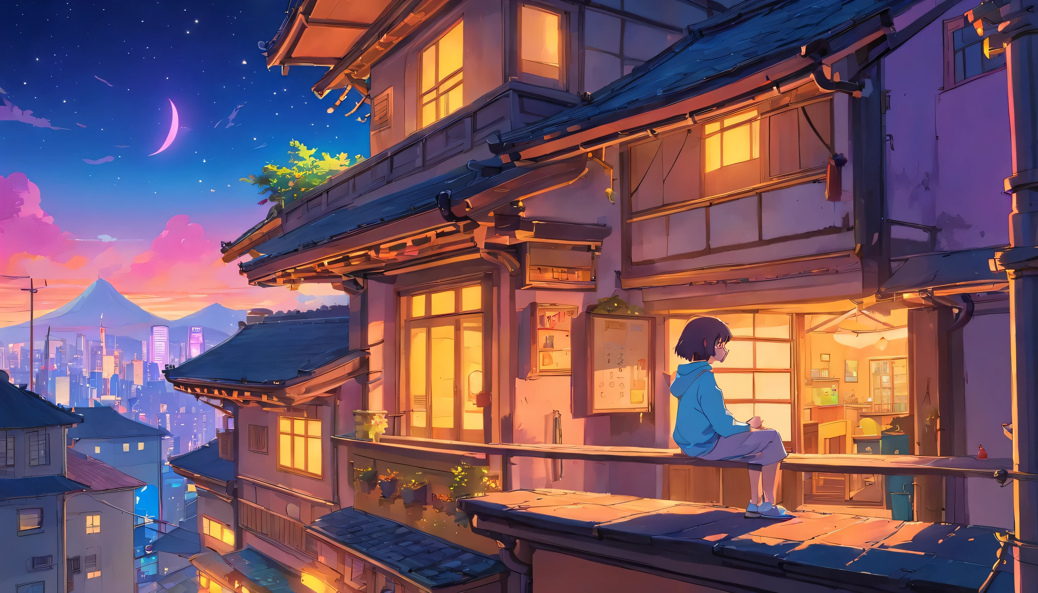 (Lofi), A girl sitting on the rooftop of an old house, Lo-fi image,retro, flat,2.5d, night light, rooftop view, neon scape, beautiful colorful night sky,stars ,analog color theme, fantasy ,line art, ink drawing, big ink line, watercolor, goauche color, studio Ghibli style, awesome colorful, outurn, synthwave, lofi art,90s style,old texture, amplitude,90s atmosphere, masterpiece, massive skills