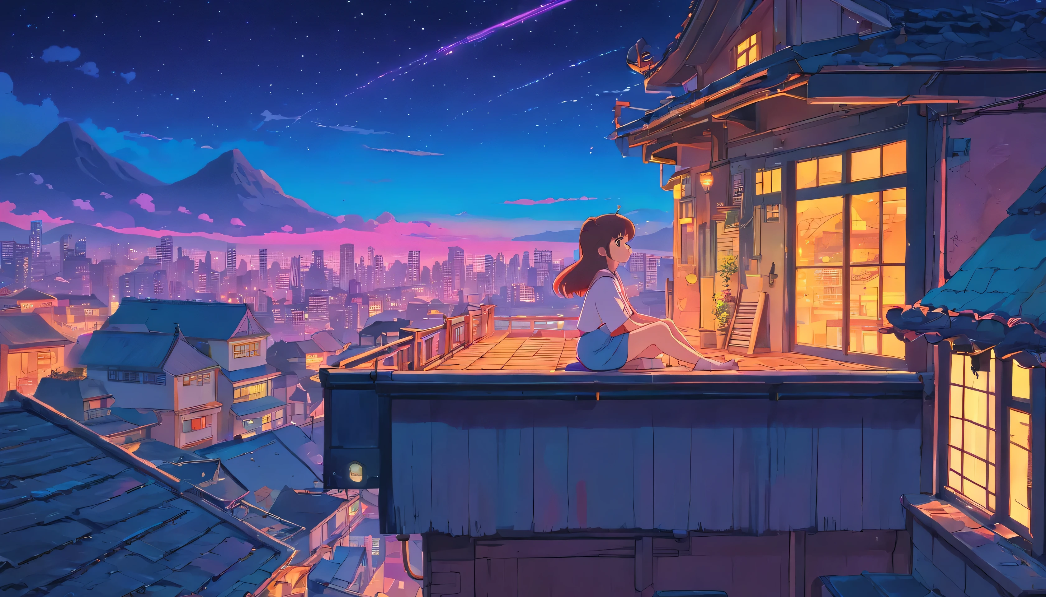 (Lofi), A girl sitting on the rooftop of an old house, Lo-fi image,retro, flat,2.5d, night light, rooftop view, neon scape, beautiful colorful night sky,stars ,analog color theme, fantasy ,line art, ink drawing, big ink line, watercolor, goauche color, studio Ghibli style, awesome colorful, outurn, synthwave, lofi art,90s style,old texture, amplitude,90s atmosphere, masterpiece, massive skills
