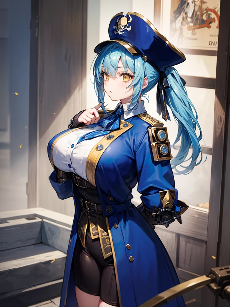 (((masterpiece、Highest image quality、highest quality、highly detailed unity 8kwallpaper)))、((Illustration of one girl、upper body))、(((beautiful girl)))、(female pirate)、(Light light blue hair、short ponytail:1.2、yellow eyes)、(((Right hand is a prosthetic hand、steampunk prosthetic arm)))、((tall))、bulky figure, massive frame, thick neck, sturdy arms, powerful legs、(captain's suit、Pirate hat、Blue coat)、pier