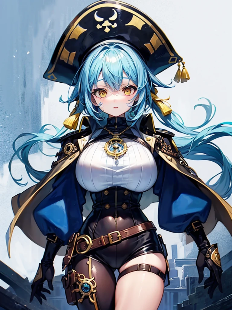 (((masterpiece、Highest image quality、highest quality、highly detailed unity 8kwallpaper)))、((Illustration of one girl、upper body))、(((beautiful girl)))、(female pirate)、(Light light blue hair、short ponytail:1.2、yellow eyes)、(((Right hand is a prosthetic hand、steampunk prosthetic arm)))、((tall))、bulky figure, massive frame, thick neck, sturdy arms, powerful legs、(captain's suit、Pirate hat、Blue coat)、pier