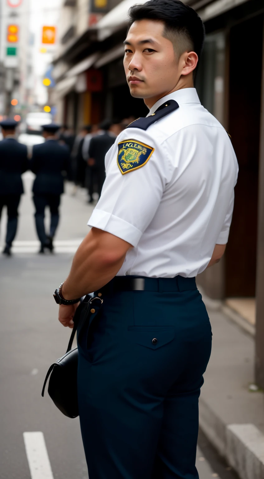 ((photo realistic)), (((one men only in the picture))), 30 years old mature muscular bulky sexy Japanese policemen Kenta in police Keisatsu uniform looking to the camera, short haired, back arched, he is wearing dark blue satin pants and white shirt (unrealistic super big tight butt), ((tight pants)), medium shot taken from behind, back - shot, rear-shot, ((Low angle)), on a busy street