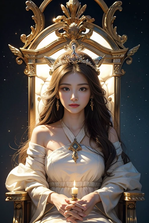 White and gold tones、heaven、celestial realm、sankta. Matthew Passion、rokoko、Mystical、Mature adult female、flawless、harmony、mercy、kindliness、Calmness、Highest bit、Goddess of Eternity、eternity、dignity、solemnity、An majestic、sacredness、exalted、noble、glorias、honor、Dazzling light、brilliance、The Breath of Life、Thanks、delight、wanting、Liberation、salvation、reform、Lack of coldness、3-point live method、Oil Painting、Best Quality、perfect-composition、hight resolution、foco nítido、extremely high detail,Goddess 3D Portrait, Sit in the throne