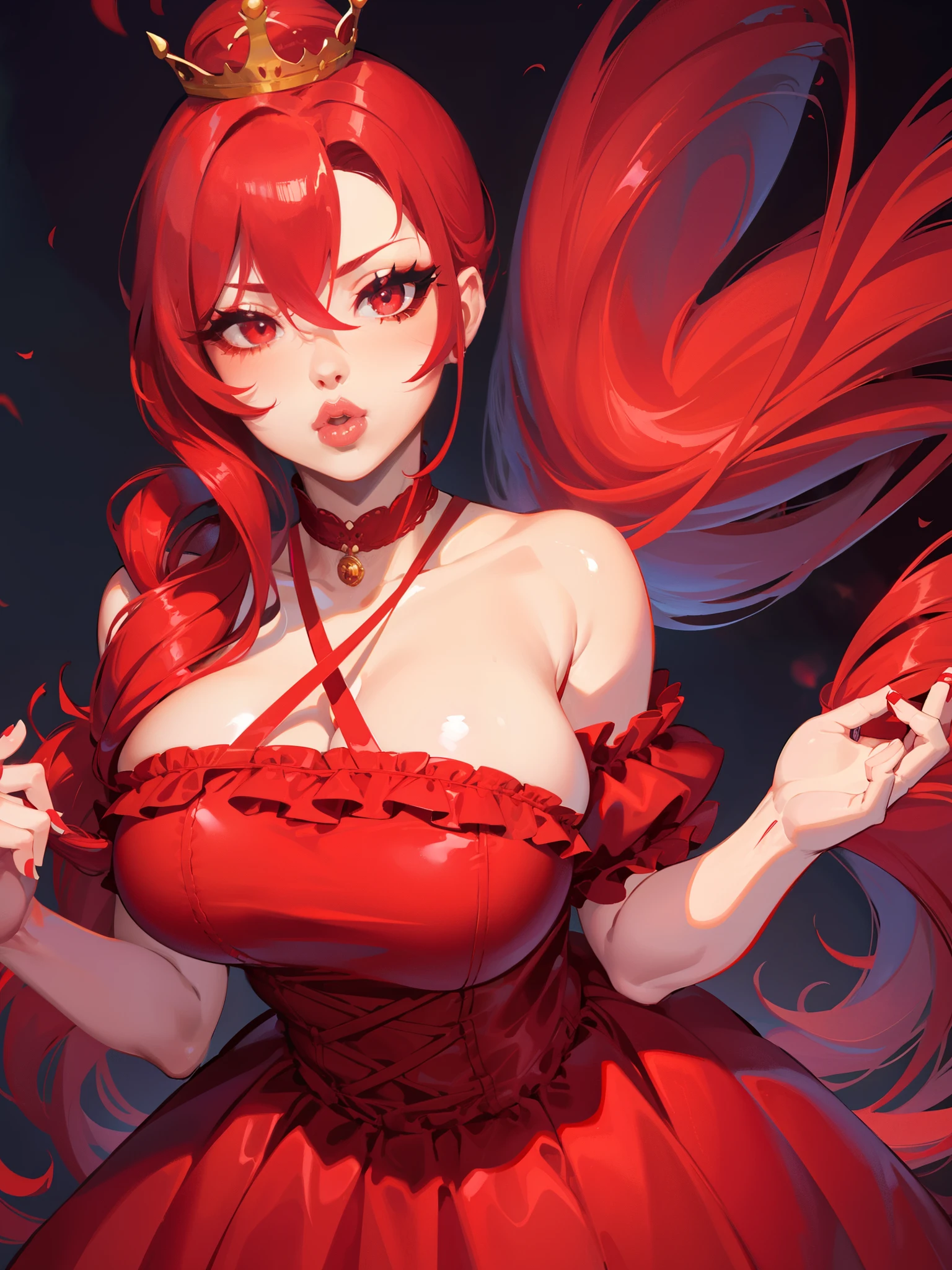 Past Red hair, pony tail, red eyes, long eyelashes, , mic, big , bimbo, , dress, princess, crown juicy lips