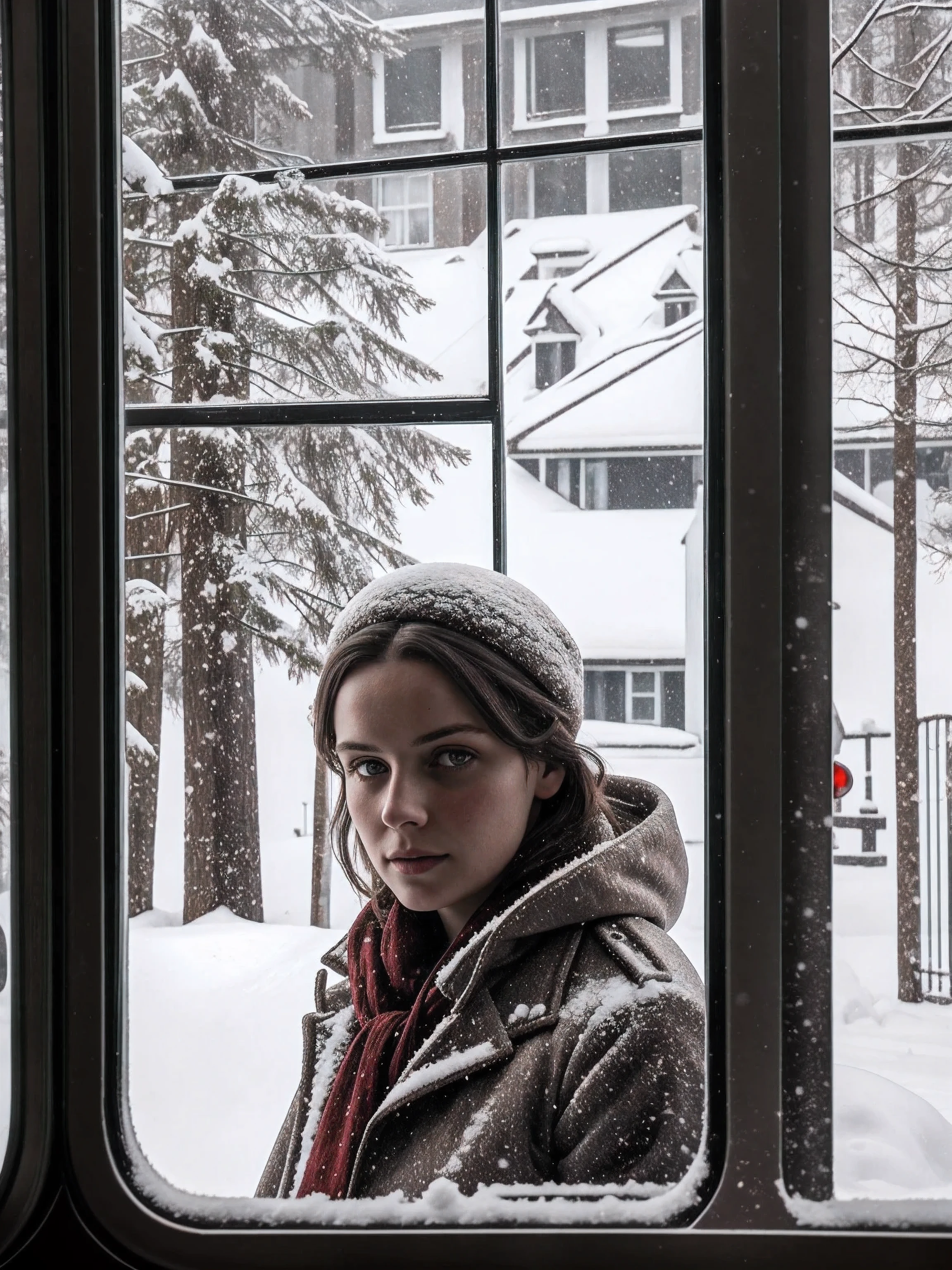 Close-up of a girl of 35 years old without a hat In a separate compartment of a passenger, railway Soviet white carriage of the 90s is a girl of 35 years old in a red coat sits and looks out the window, in front of her table, above her sleeping places, night, in the window is her reflection, behind the window is dark and barely visible snow-covered trees, hyper detail, photorealism, cinematic, 64K, trending on artstation, sharp focus, studio photo, intricate details, highly detailed, by greg rutkowski
