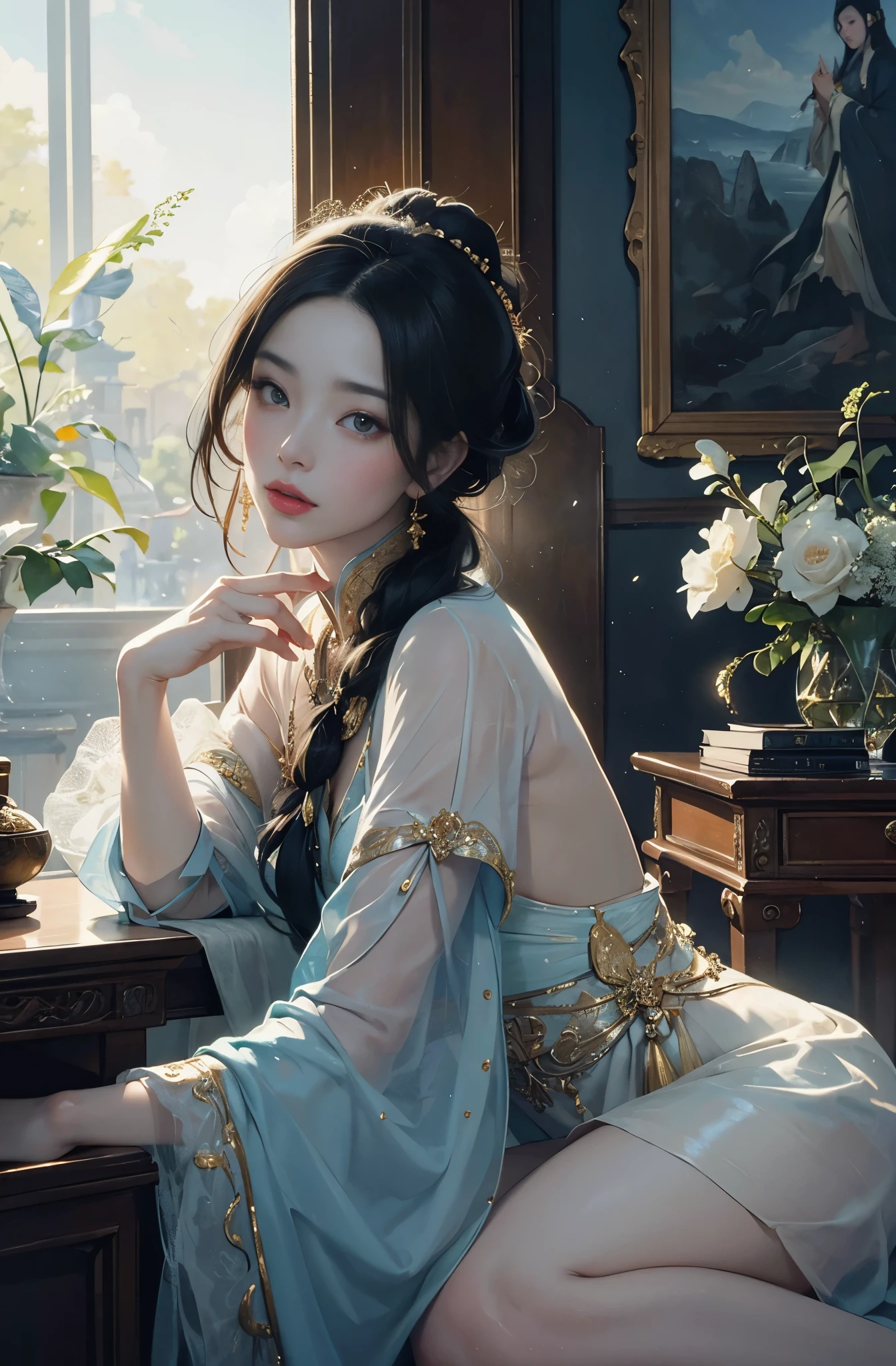 A painting of a beautiful young Chinese woman, Inspired by Chen Yifei, Inspired by Francesco Hayez, Inspired by Hendrik Terbruggen, Inspired by Jean-Auguste Dominique Ingres, Inspired by Liu Jun, Inspired by Jean-Auguste Dominique Ingres, best quality, perfect angle, perfect composition, best shot, official art, cinematic light, figurative art, Intense watercolor painting, watercolor detailed art,Beautiful and expressive paintings, Beautiful artwork illustration, wonderful, cool beauty, highest quality, official art, perfect composition,perfect angle, best shot, female solo, sharp outline, melancholy, nostalgia, nostalgia,Eyes without pupils, color eye, ideal anima,　melancholy, nostalgia, romantic