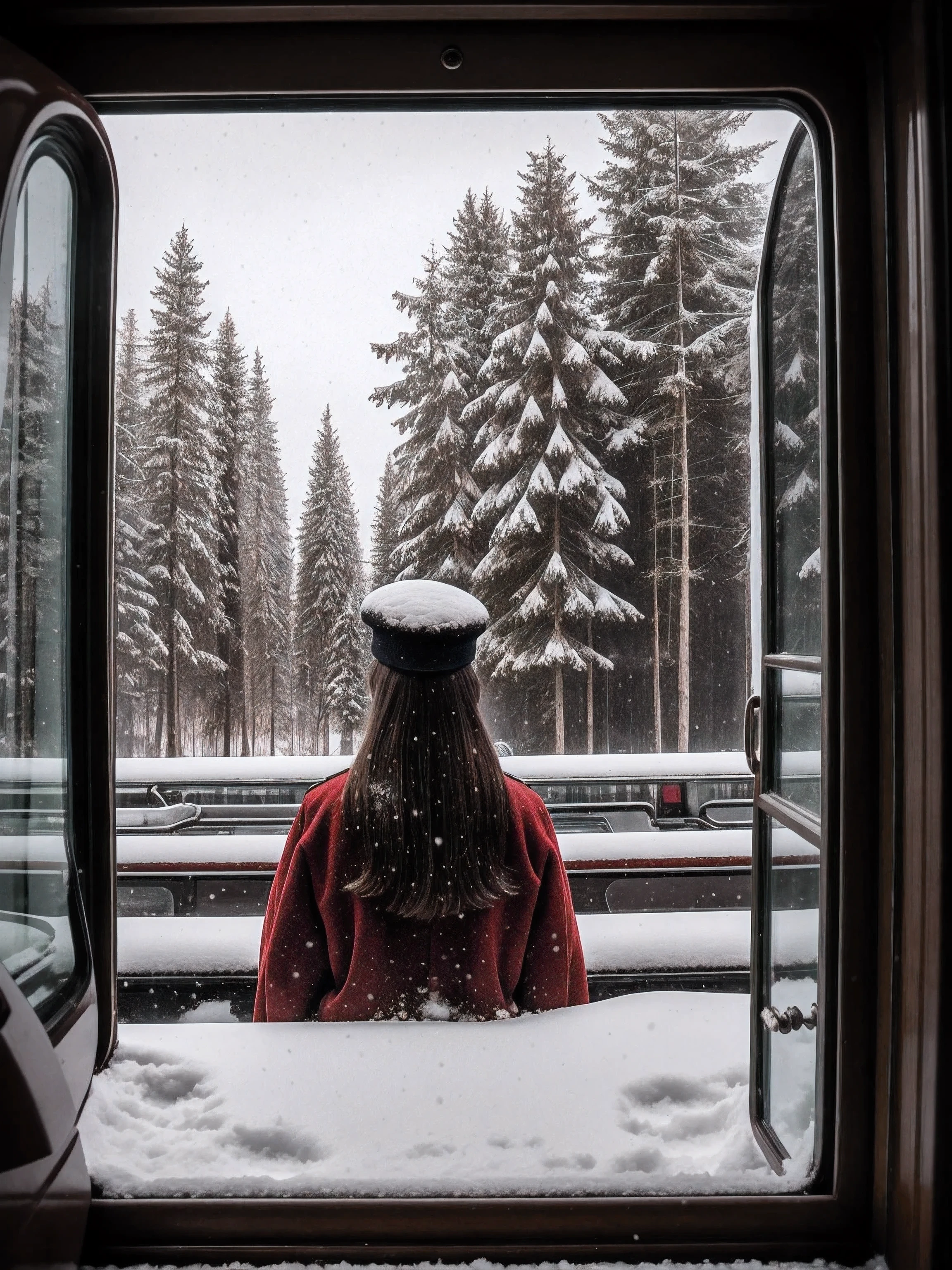 Close-up of a girl of 35 years old without a hat In a separate compartment of a passenger, railway Soviet white carriage of the 90s is a girl of 35 years old in a red coat sits and looks out the window, in front of her table, above her sleeping places, night, in the window is her reflection, behind the window is dark and barely visible snow-covered trees, hyper detail, photorealism, cinematic, 64K, trending on artstation, sharp focus, studio photo, intricate details, highly detailed, by greg rutkowski