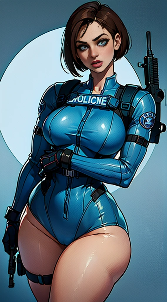 (Highest image quality, outstanding details, ultra-high resolution), (jill valentine: 1.4), favor details, highly condensed 1 beautiful slutty girl, with a delicate and beautiful face, ((cowboy shot)), (chubby:0.4), (wearing blue racing suit likes police uniform, black and grey mecha, wearing military harness, holding a machinegun), background raccoon city,