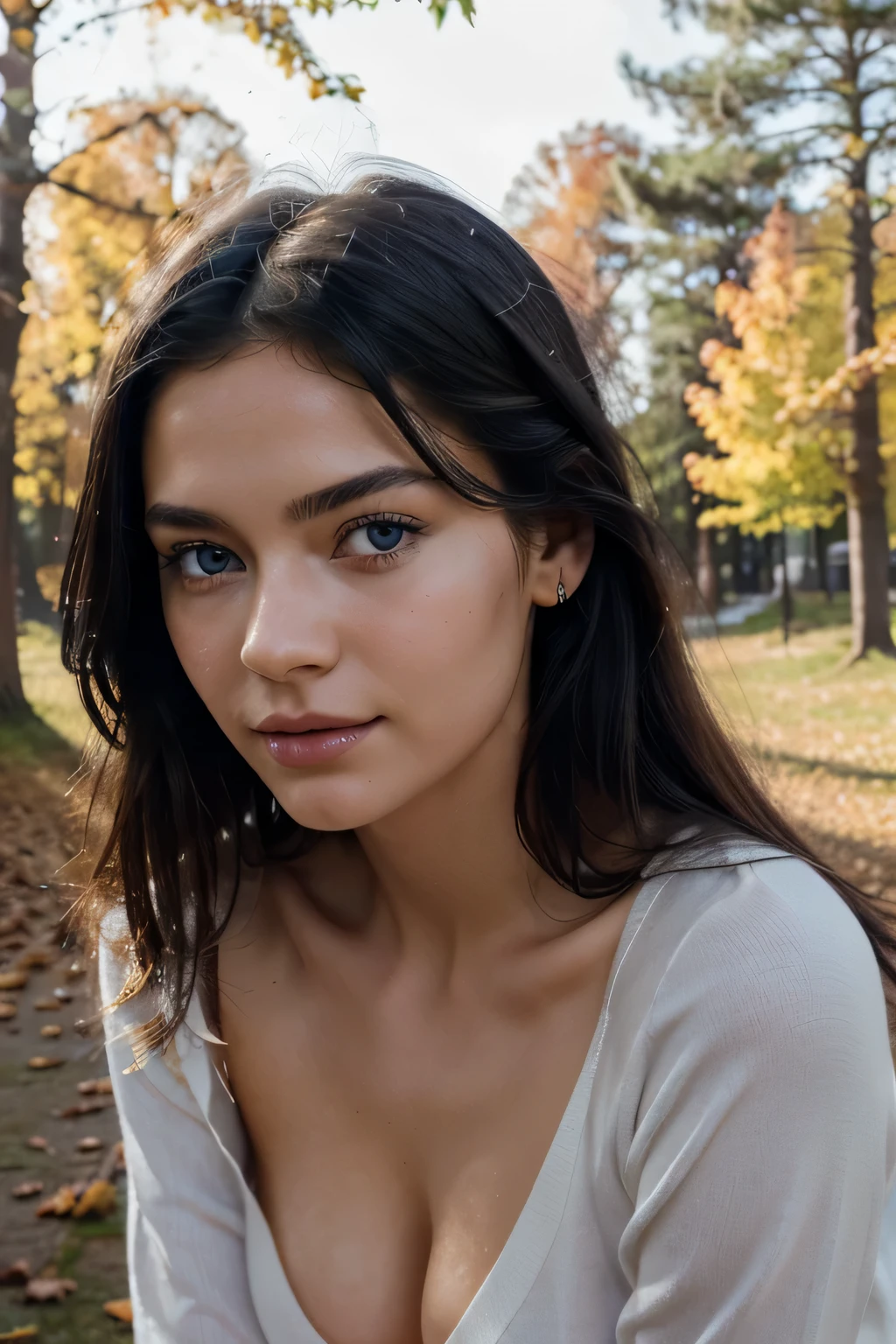 (best quality, realistic:1.2),ultra-detailed,extremely realistic Scandinavia girl with black hair,blue eyes,beautiful detailed eyes,beautiful detailed lips,without clothes,view from the front,messy black hair,long eyelashes,blue eyes shining,perfect skin,sweet smile,whole body,glamour photo,photorealistic:1.37,vivid colors,stylish outfit,modern fashion,light stubble,Slim body shape,Straight eyebrows,scandinavian background,autumn scenery,leaves falling down,Crisp and cool air,beautiful nature,serene and peaceful atmosphere,soft lighting,gentle sunlight through the trees,highres,ultra-fine painting,sharp focus,professional,portrait 