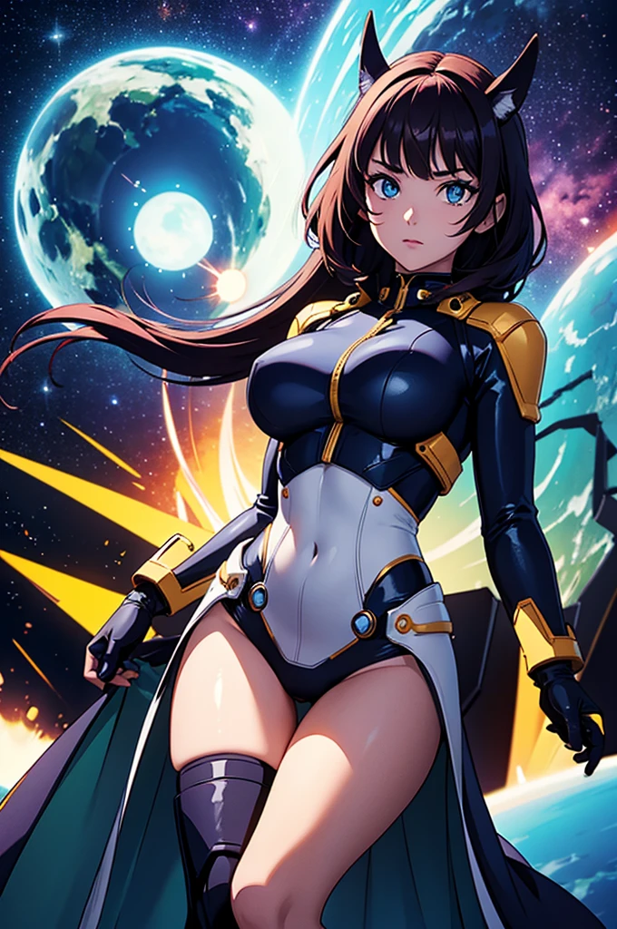 (best quality,4k,8k,highres,masterpiece:1.2),ultra-detailed,anime girl fantasy,sci-fi,space suit,big chest,front view,solo photo,thick hair,thick thighs,standing,thick legs,colorful,powerful lighting,deeper shadows,sharp focus,detailed facial features,sparkling eyes,background with celestial elements.